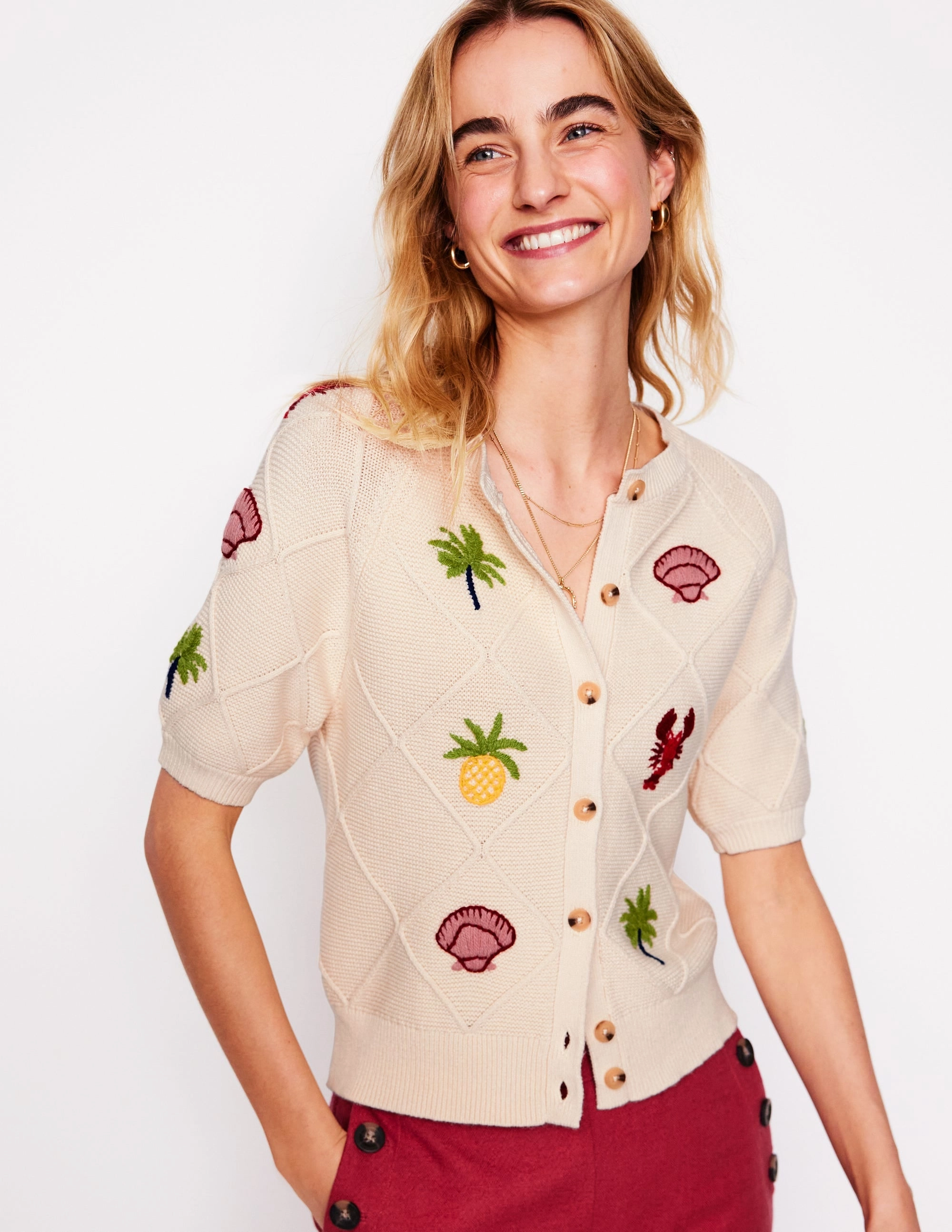 Relaxed Layer Street Comforted Embroidered T-Shirt Cardigan-Warm Ivory, Tropical Bonanza