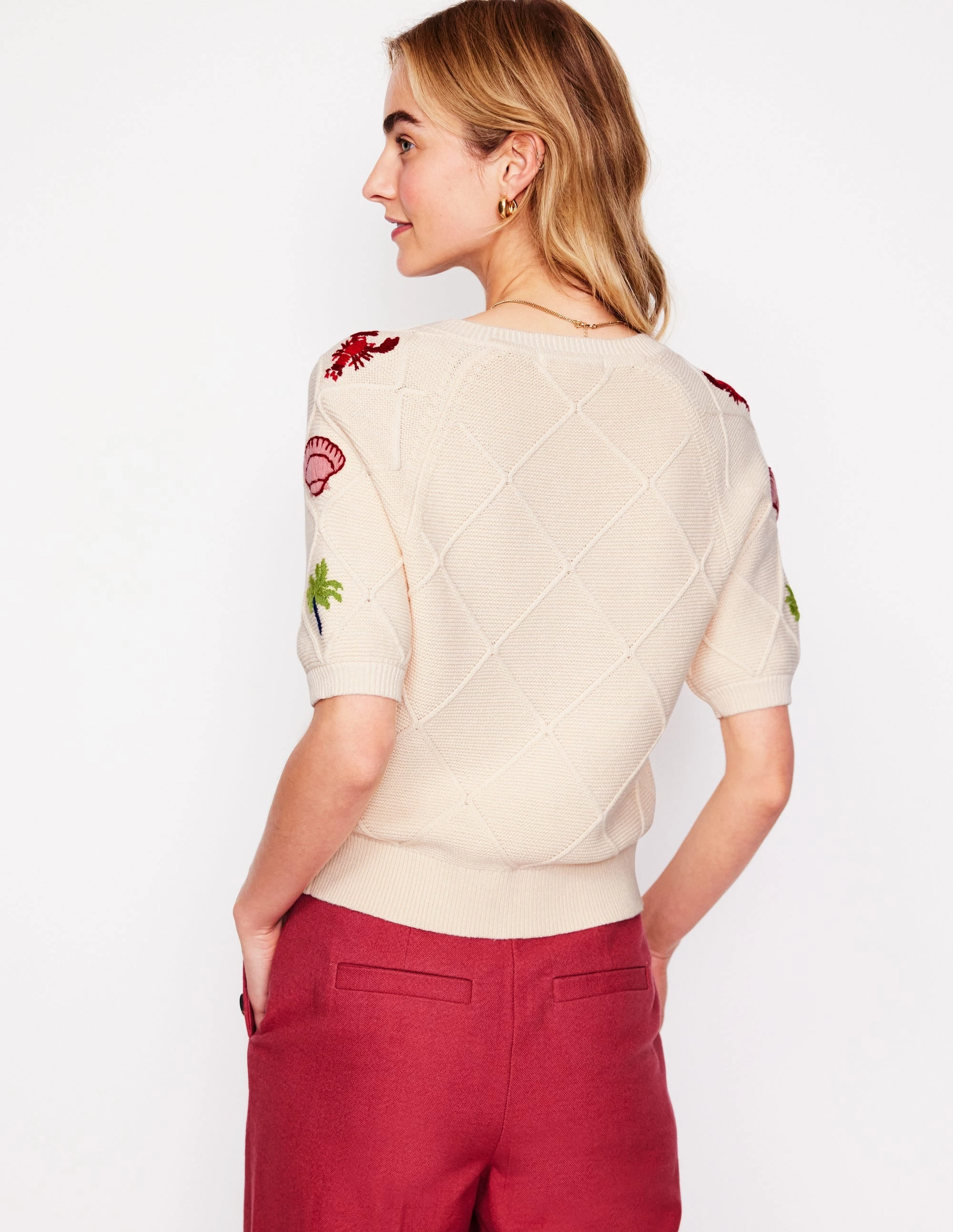 Embroidered T-Shirt Cardigan-Warm Ivory, Tropical Bonanza Subtle Fit Fresh Trend