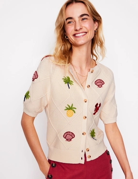Relaxed Layer Street Comforted Embroidered T-Shirt Cardigan-Warm Ivory, Tropical Bonanza