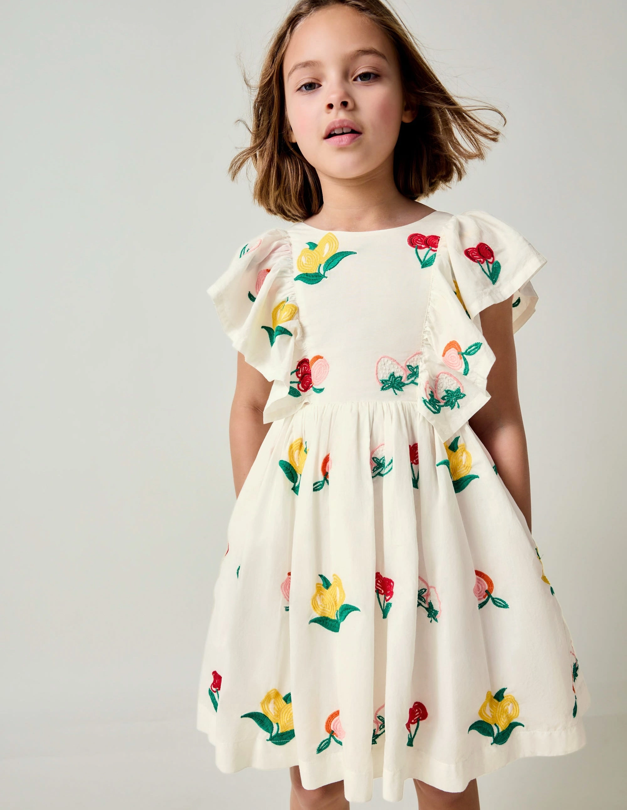 Functional-Design Embroidered Woven Dress-Ivory Embroidered Fruit