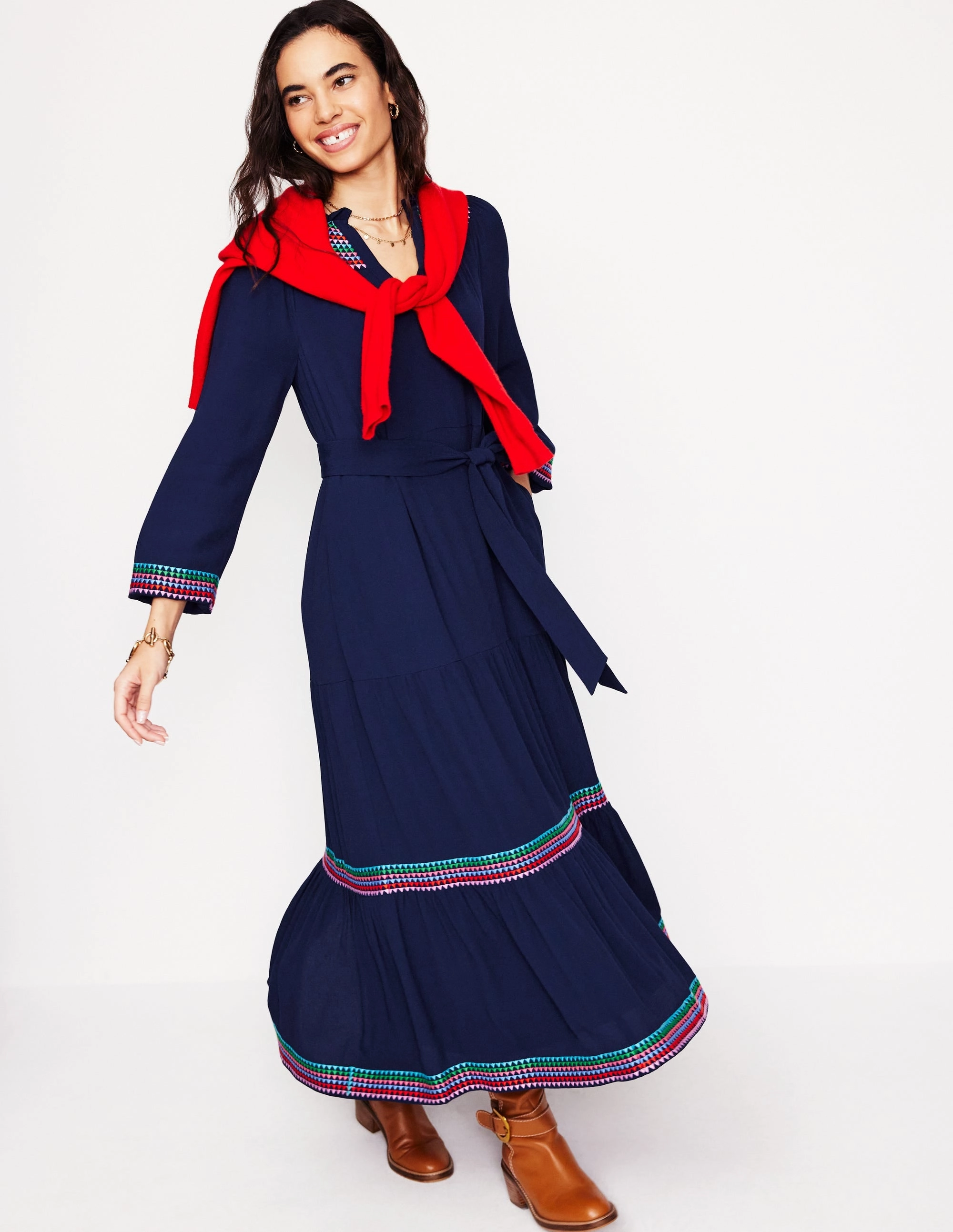 Embroidered Yoke Midi Dress-Navy Cool Form Wrap Glow