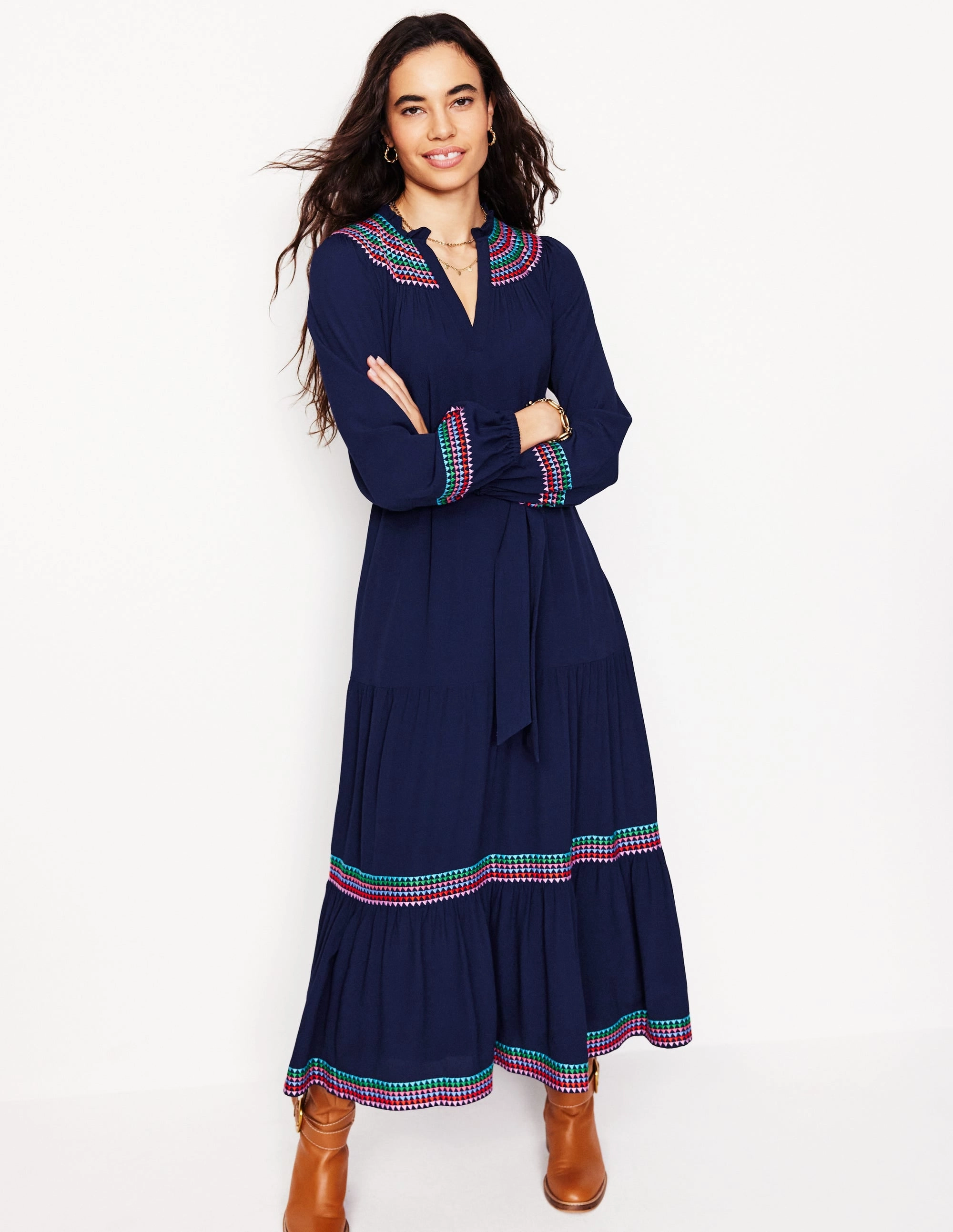 Smooth Mood Embroidered Yoke Midi Dress-Navy