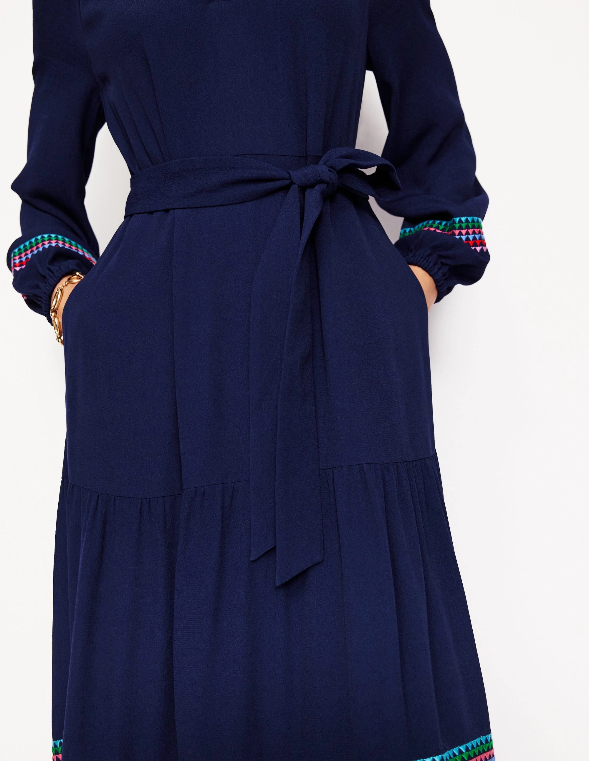 Smart Layer Wear Understated Charm Embroidered Yoke Midi Dress-Navy