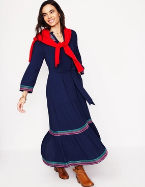Embroidered Yoke Midi Dress-Navy Cool Form Wrap Glow