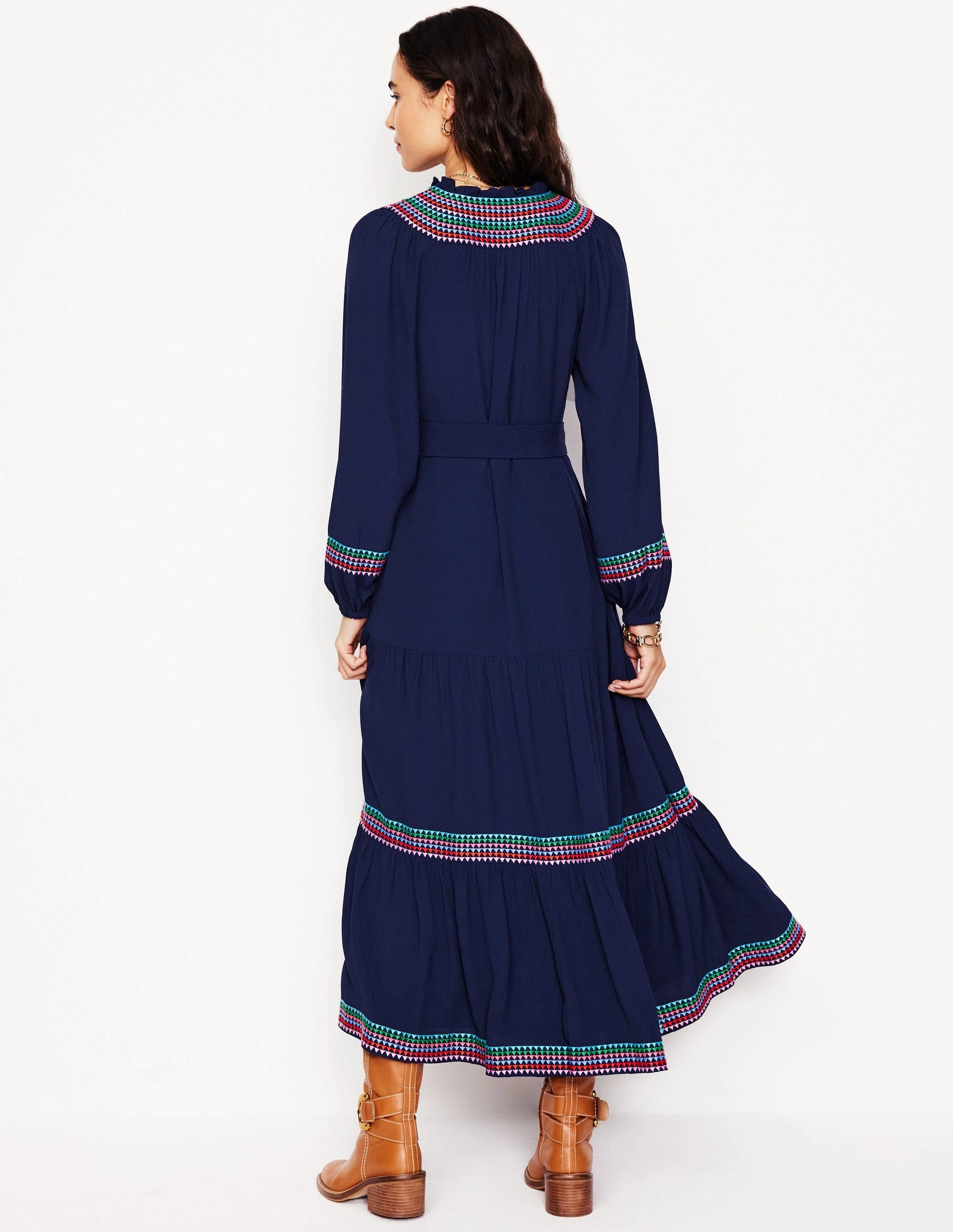 Embroidered Yoke Midi Dress-Navy Comfortable Shape Light Layers
