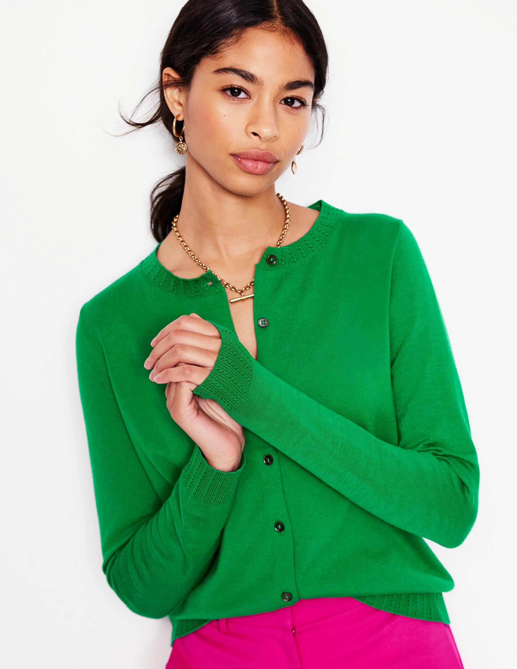 Flatlock Seam Construction Multipanel Construction Emilia Cotton Crew Cardigan-Rich Emerald