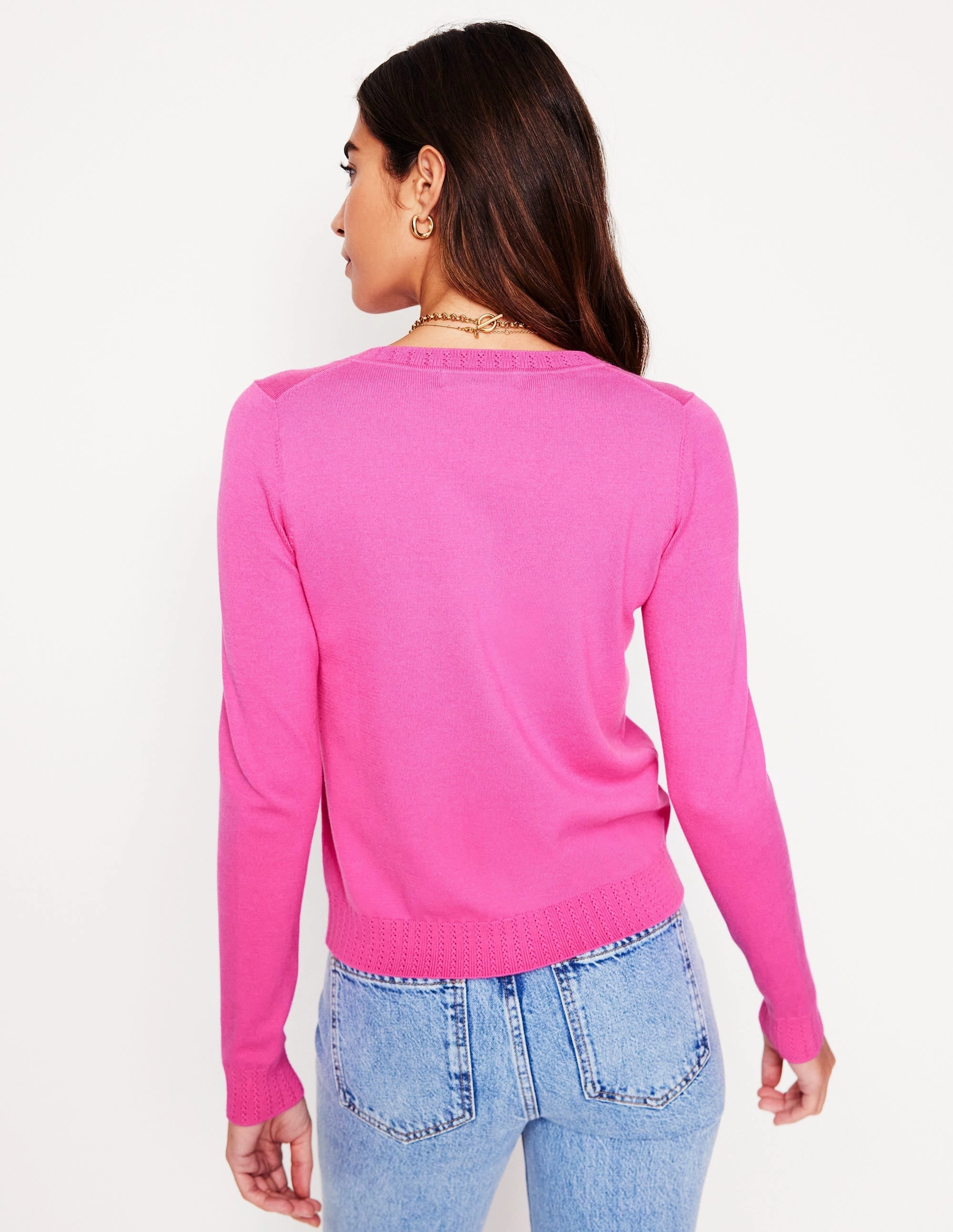 Emilia Cotton Crew Cardigan-Tickled Pink Interlock Knit Body NonChlorine Bleached