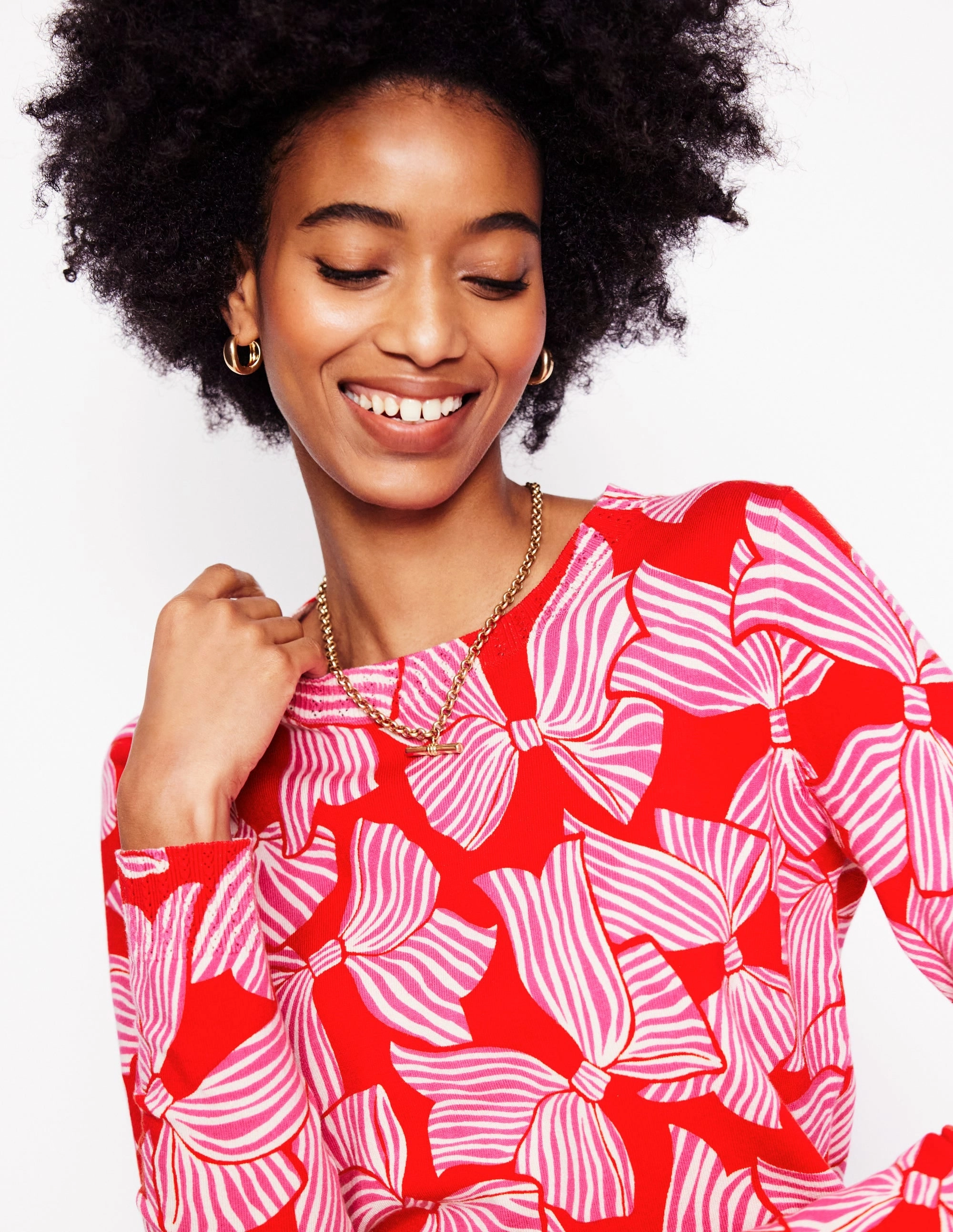 Emilia Cotton Crew Jumper-Poppy Red, Bow Scatter BreathableKnit Fabric QuickFabric Recovery