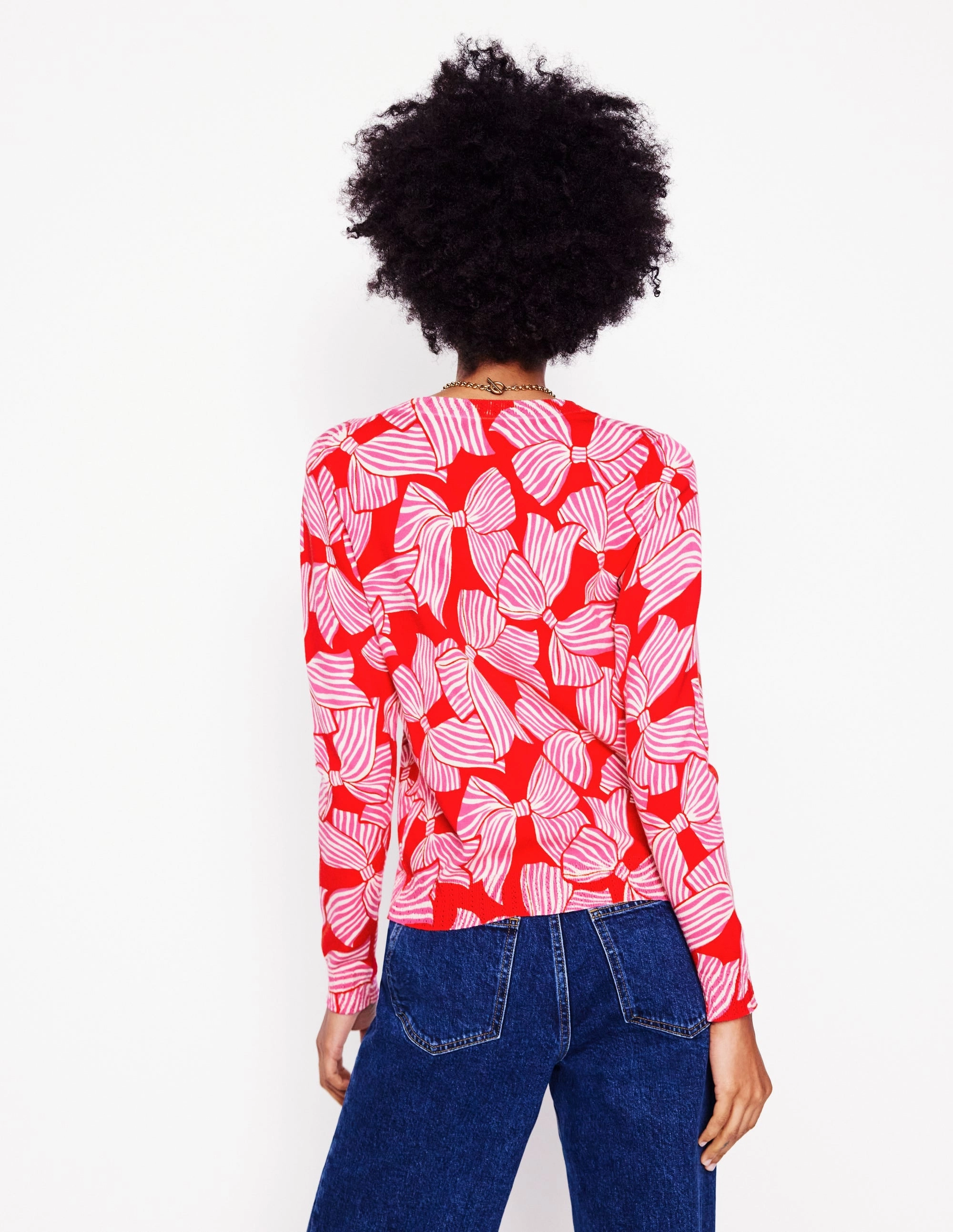 Emilia Cotton Crew Jumper-Poppy Red, Bow Scatter Relaxed Warmth