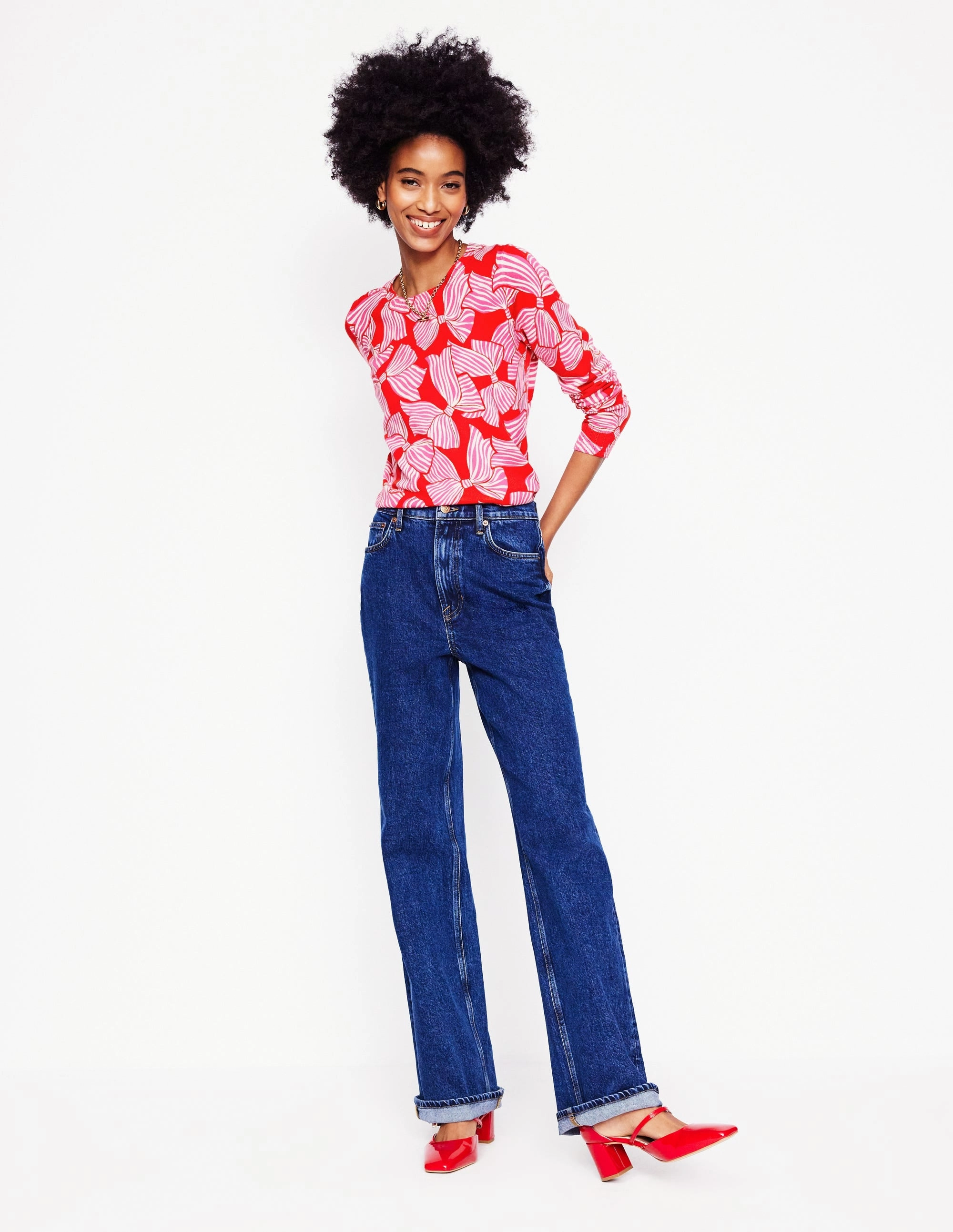 Warm Essentials Emilia Cotton Crew Jumper-Poppy Red, Bow Scatter