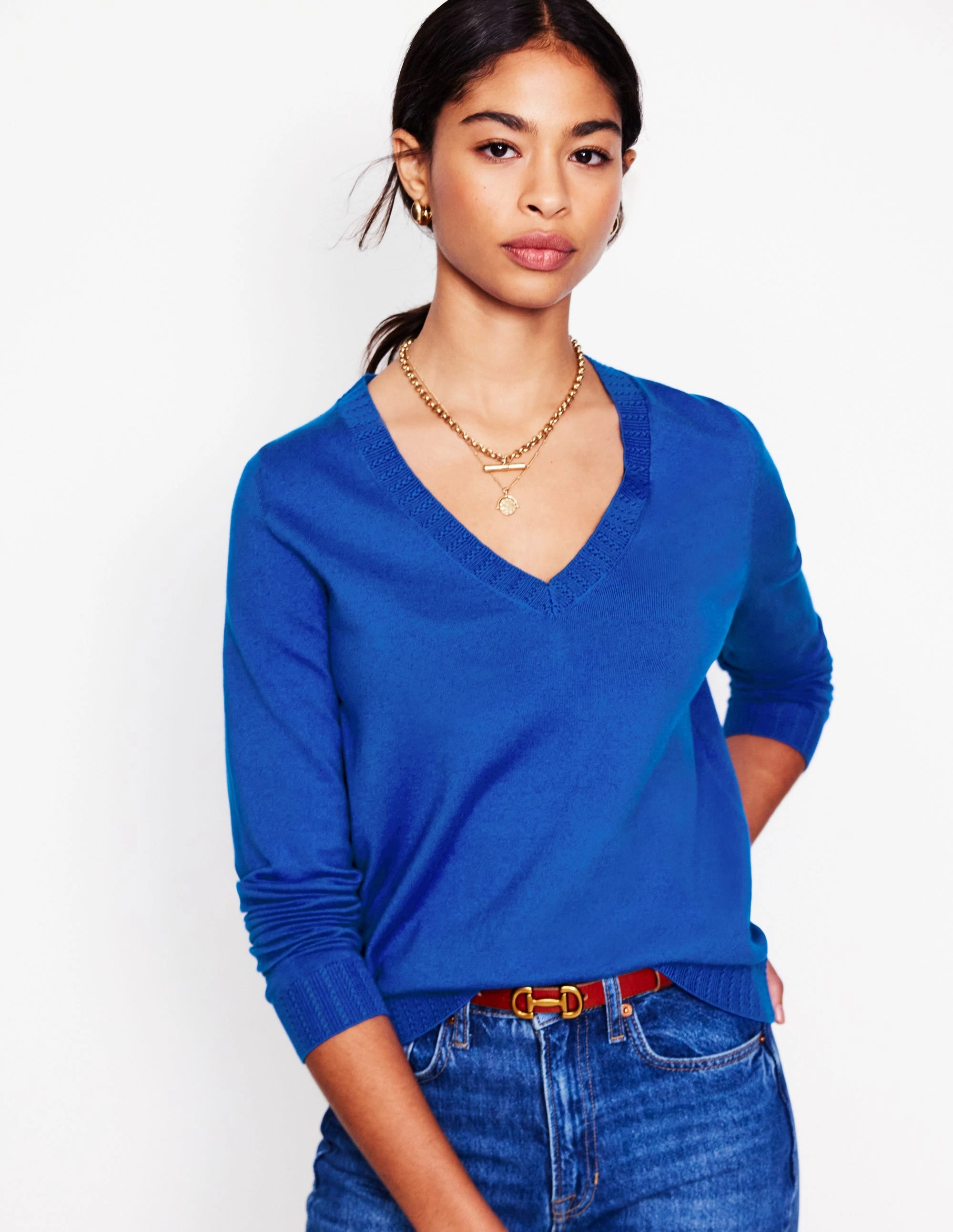 Emilia Cotton V-Neck Jumper-Bright Blue Quiet Tone