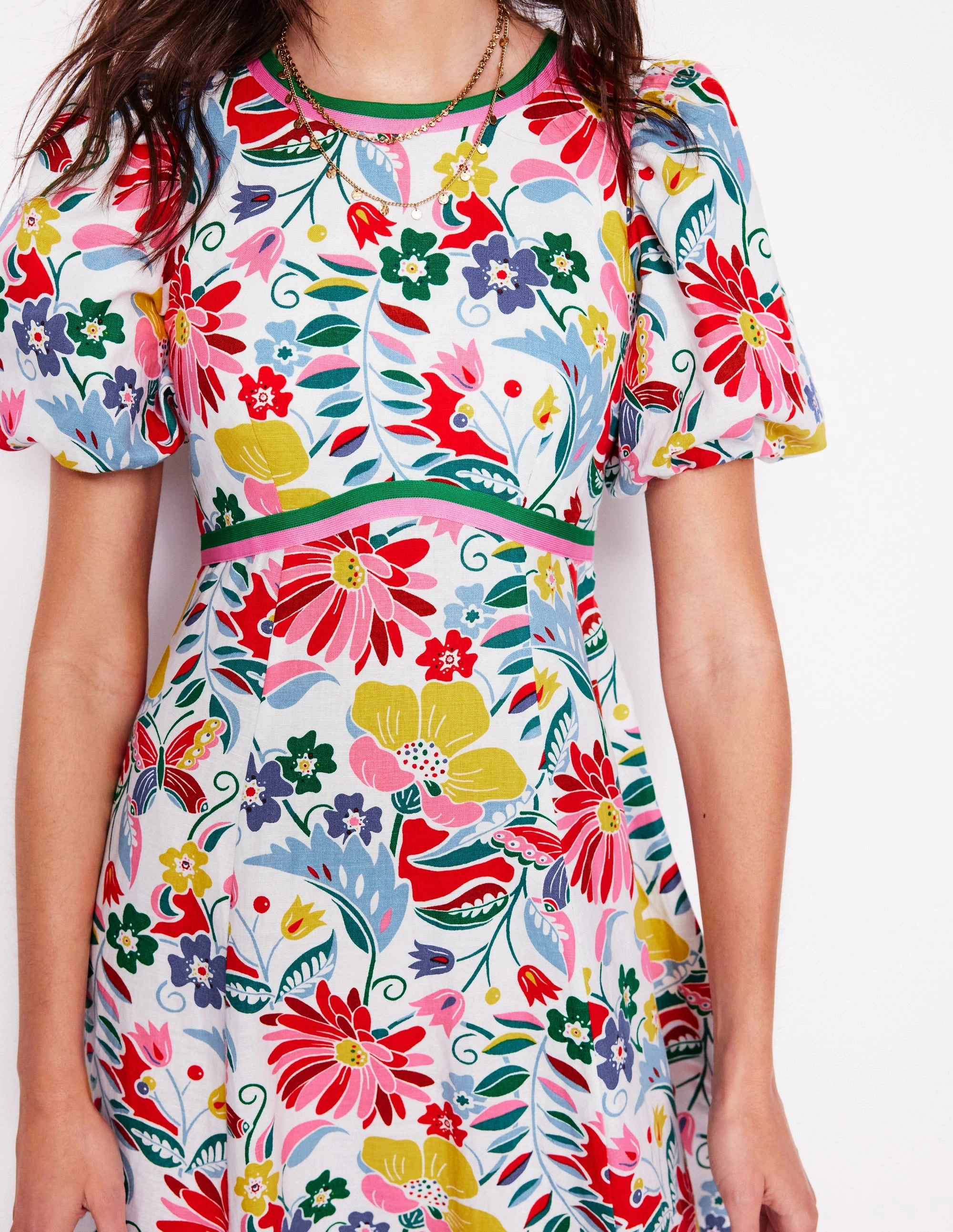 Daily Wear Feminine Touch Empire Linen Tea Dress-Multi, Wildflower Trail