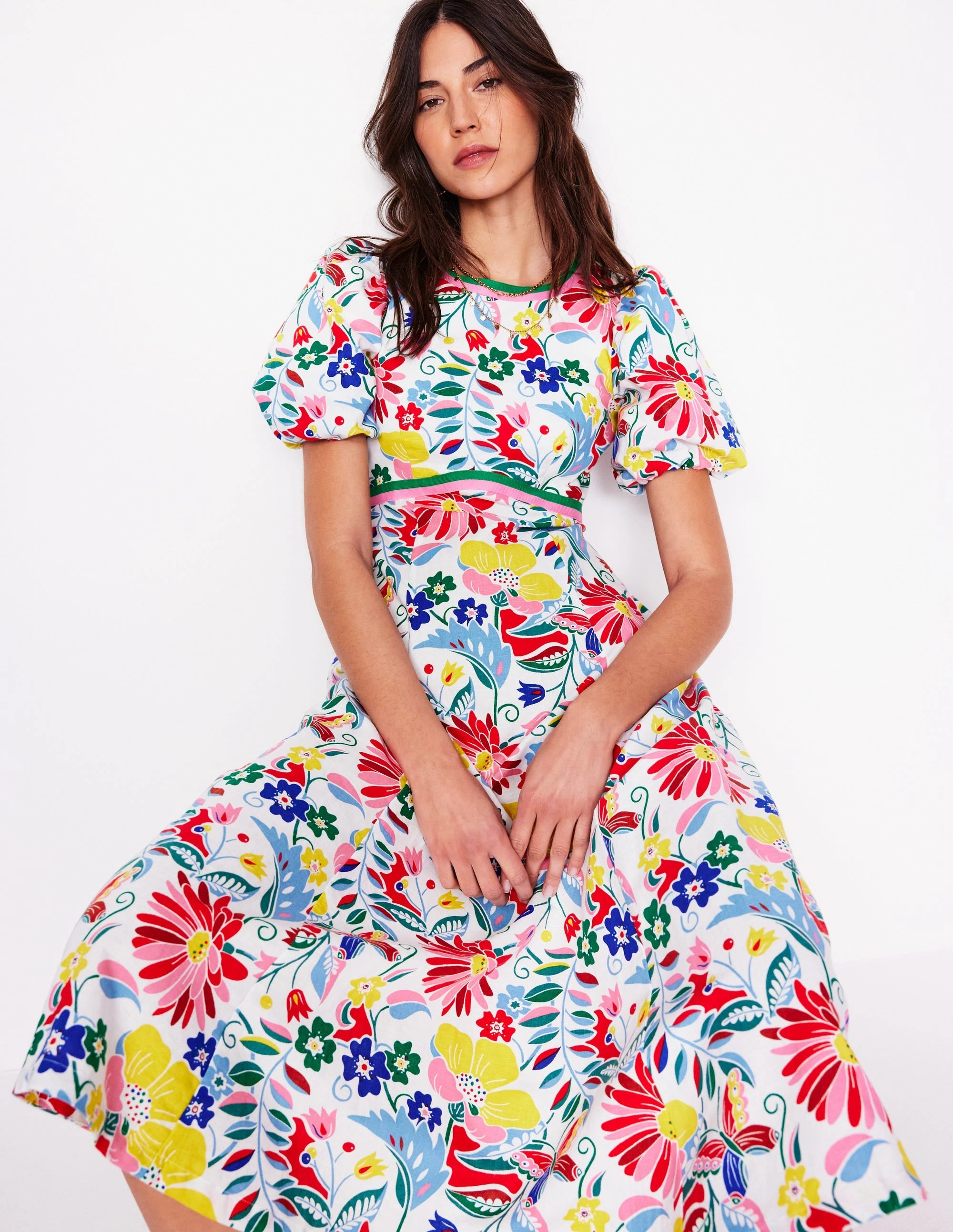 Elegant Wearable Empire Linen Tea Dress-Multi, Wildflower Trail