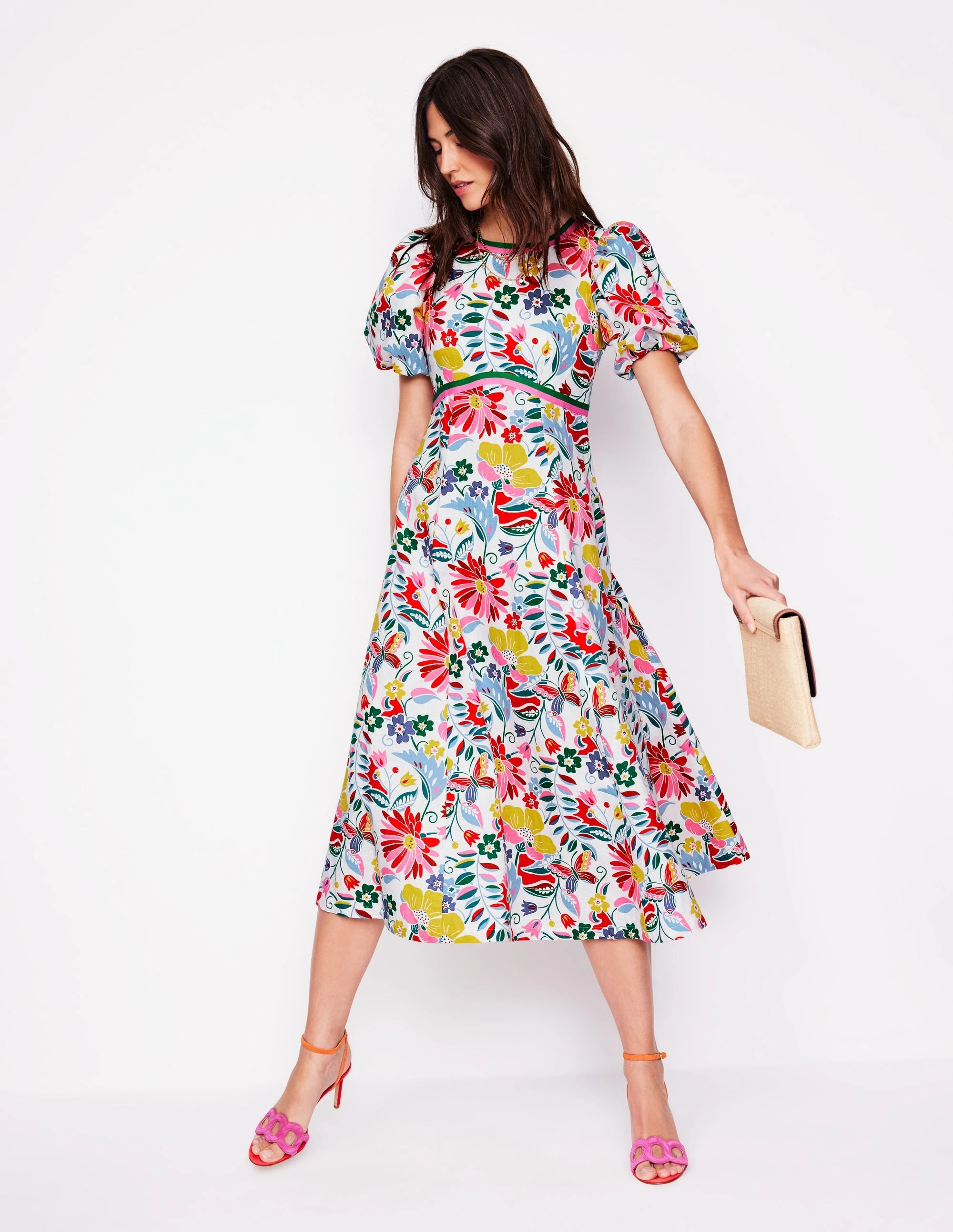 classic waist Weekend Fresh Empire Linen Tea Dress-Multi, Wildflower Trail