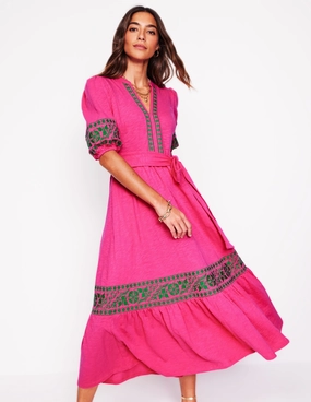 Amara Embroidered Jersey Dress-Pink Peony Sage Detail