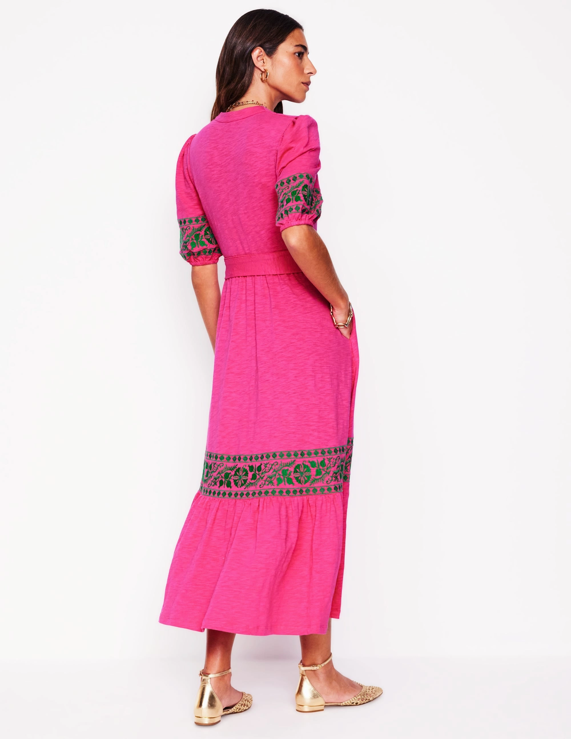 Amara Embroidered Jersey Dress-Pink Peony Fitted Base Modern Form