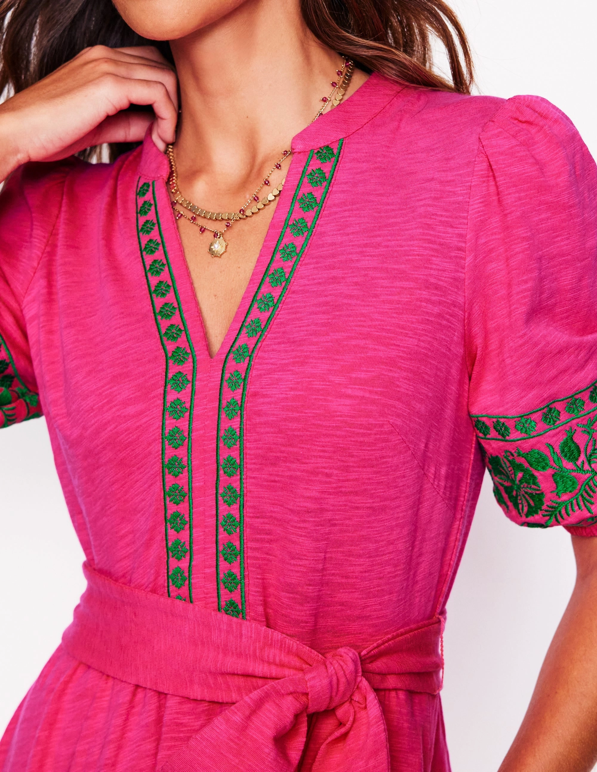 Amara Embroidered Jersey Dress-Pink Peony Vibrant fit Soft Layering