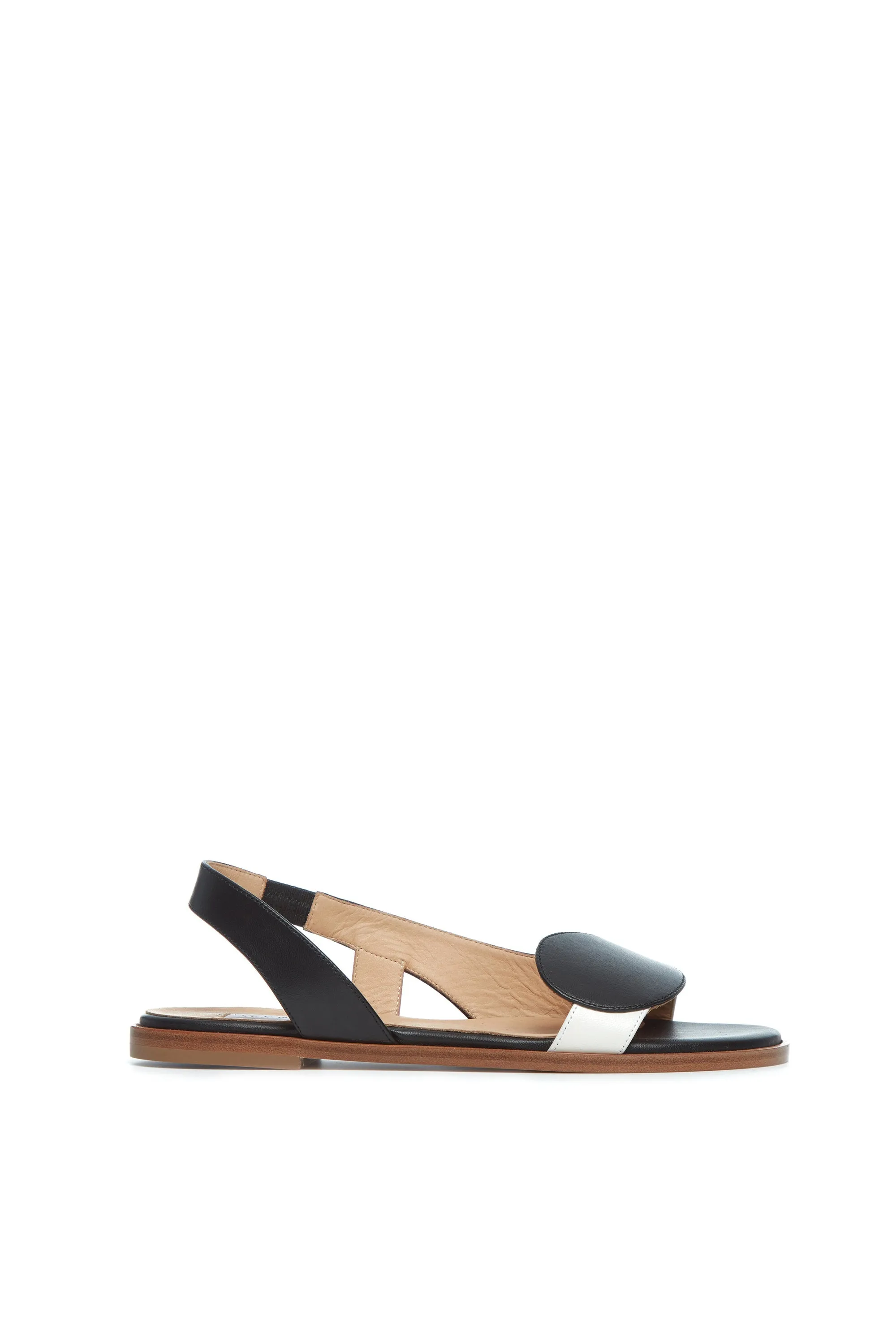Pippa Flat Sandal in Black & Ivory Nappa Leather Village Tour Square Toe