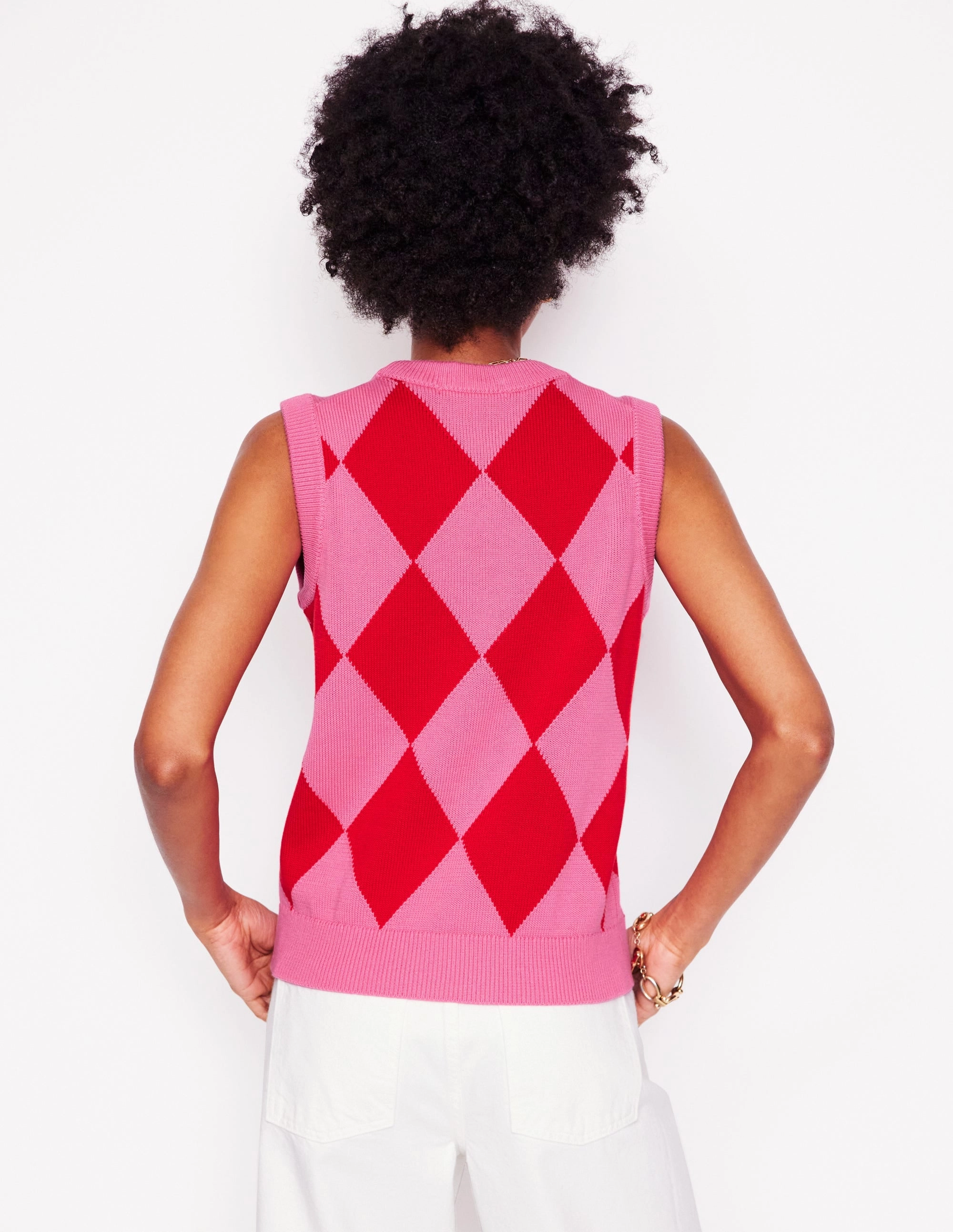 Cotton Argyle Tank-Pink Rose and Poppy Red Argyle Durable Reinforced Hems Mid Season