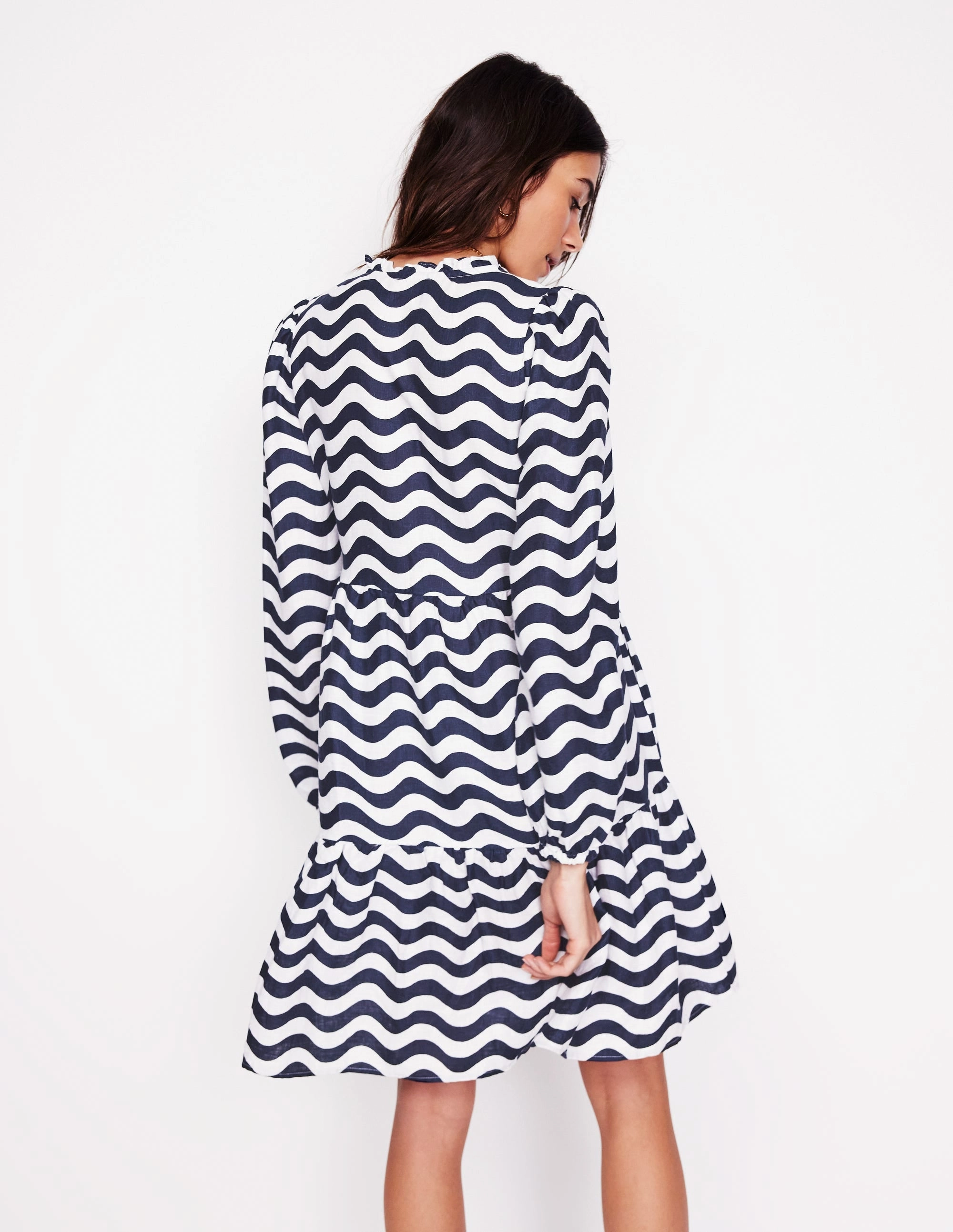 Esme Linen Mini Dress-French Navy, Mono Wave Front Ruffle