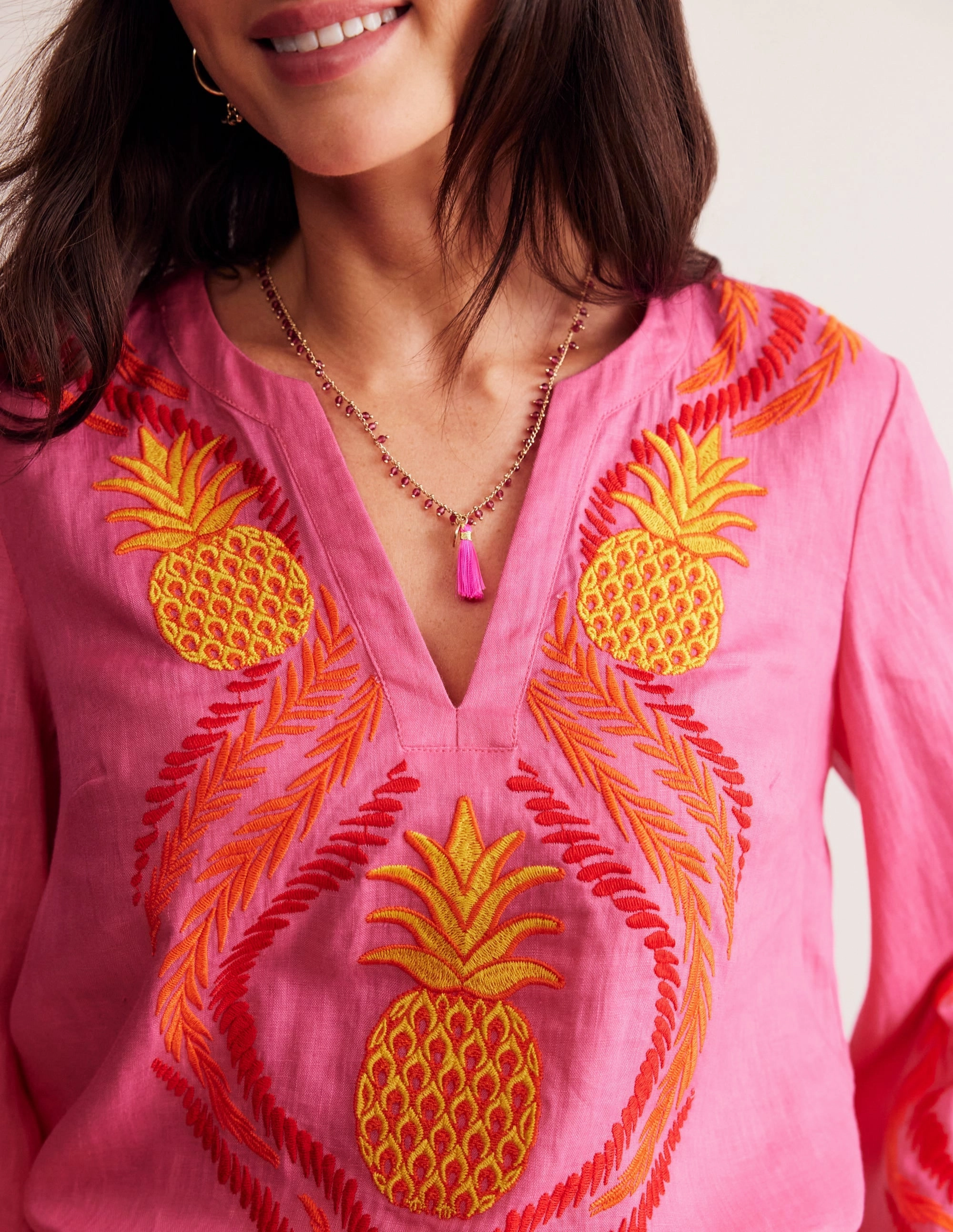 Casual Layers Stain Resistant Bonnie Linen Top-Sangria Sunset, Pineapple