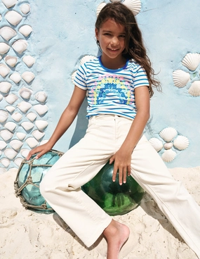 Short Sleeve Appliqu?? T-shirt-Peacock Plume Blue/Soft Ivory Soft And Comfortable