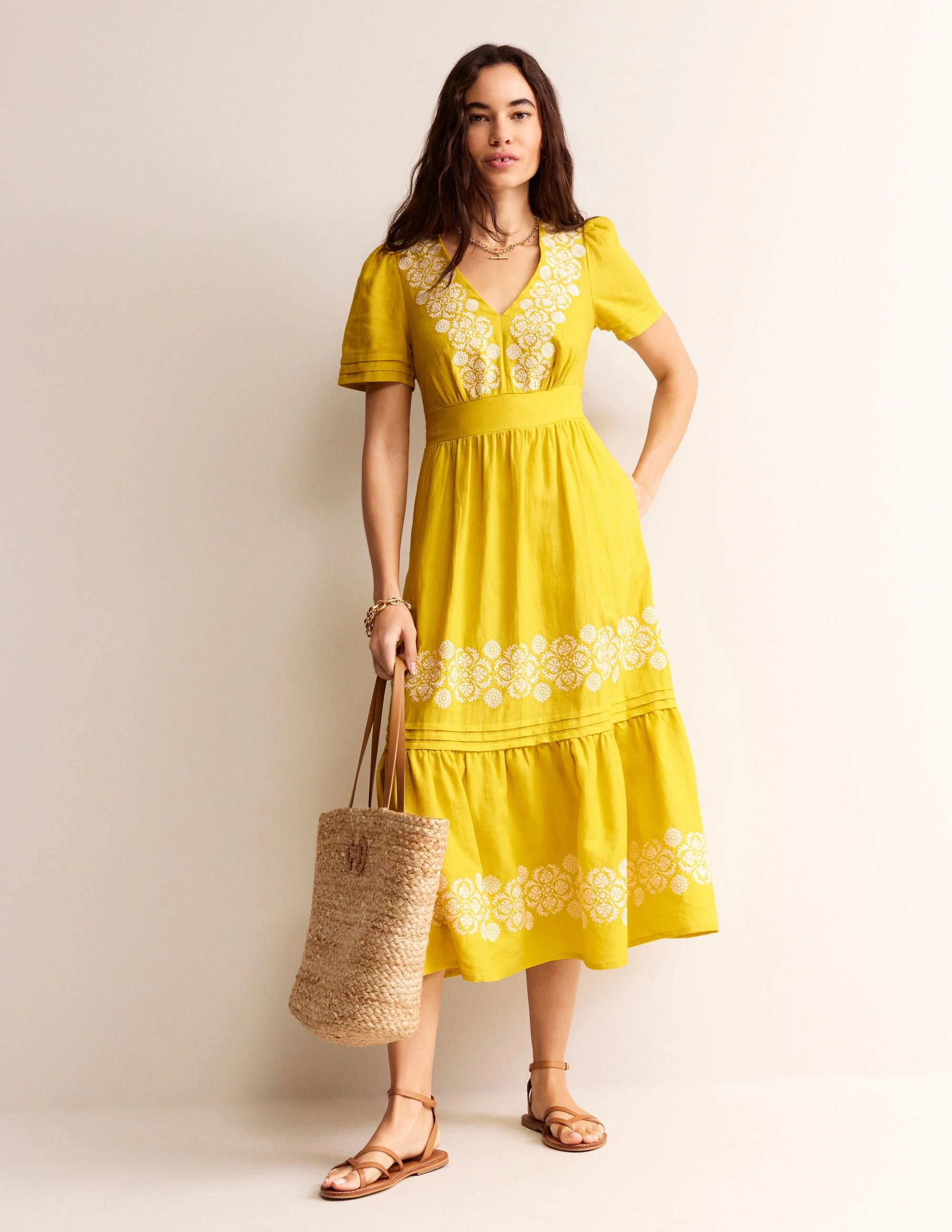 Pure Motion Eve Linen Midi Dress-Passion Fruit Embroidered