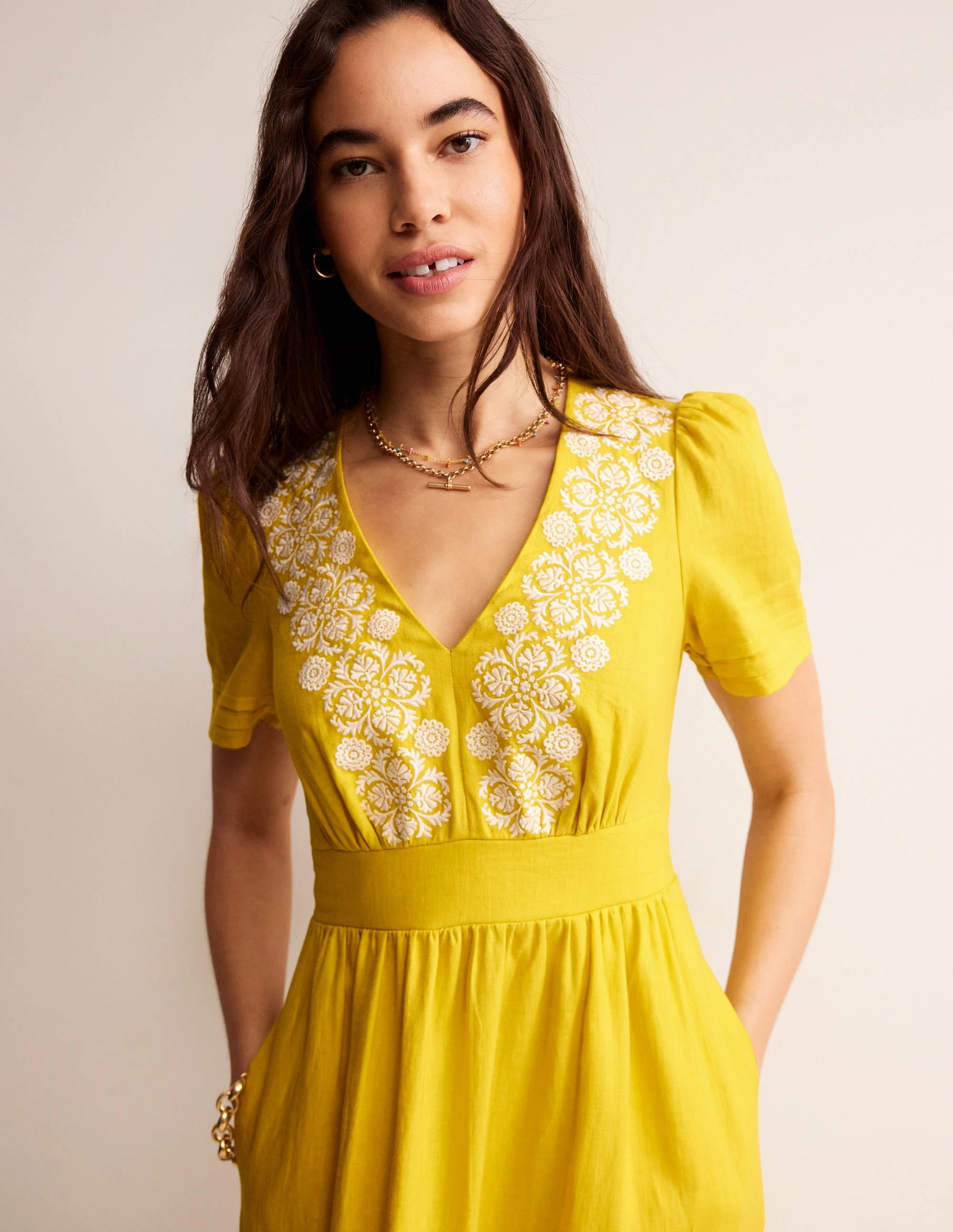 Eve Linen Midi Dress-Passion Fruit Embroidered Designer-Label Sleek Draping