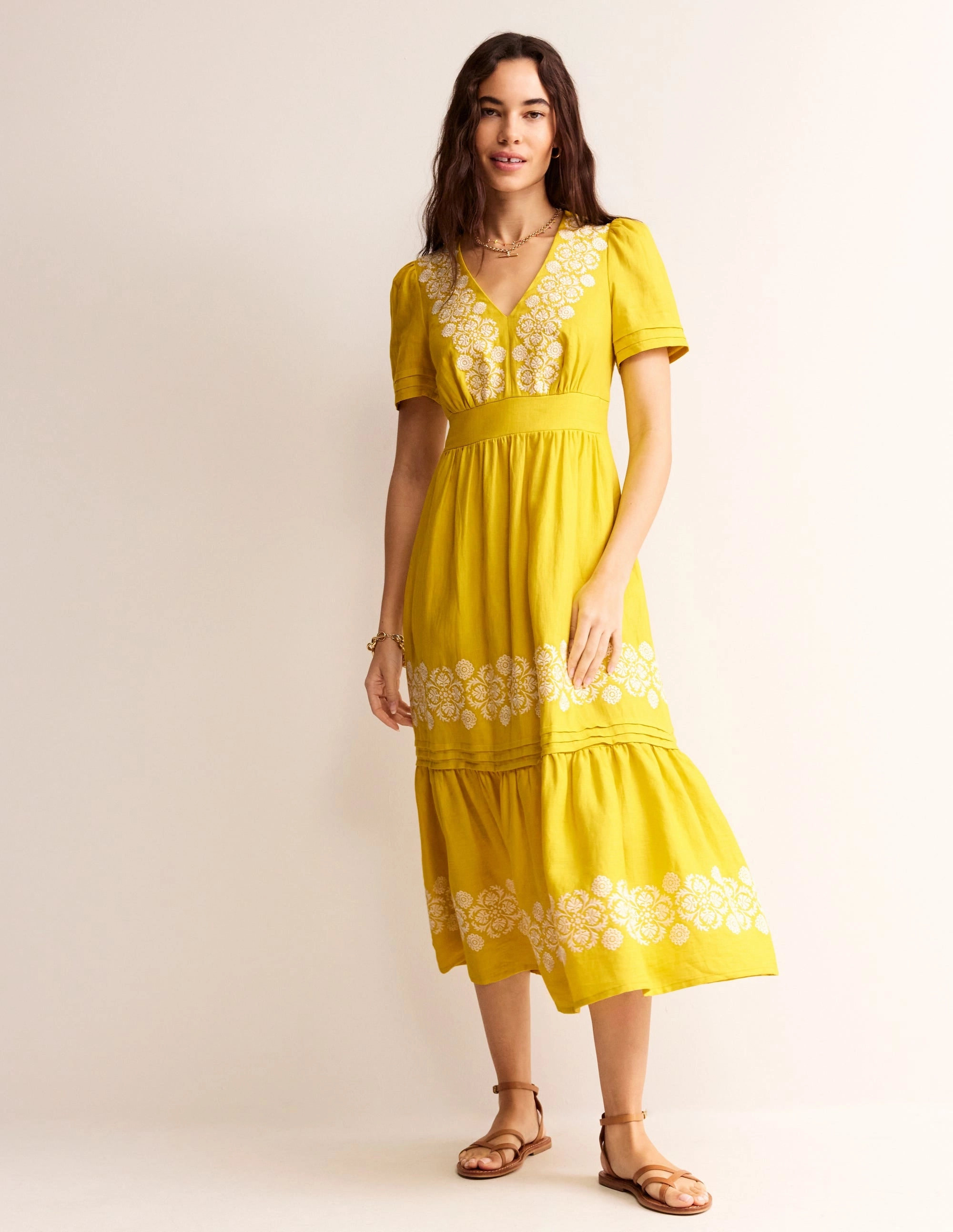 Villa Light Eve Linen Midi Dress-Passion Fruit Embroidered