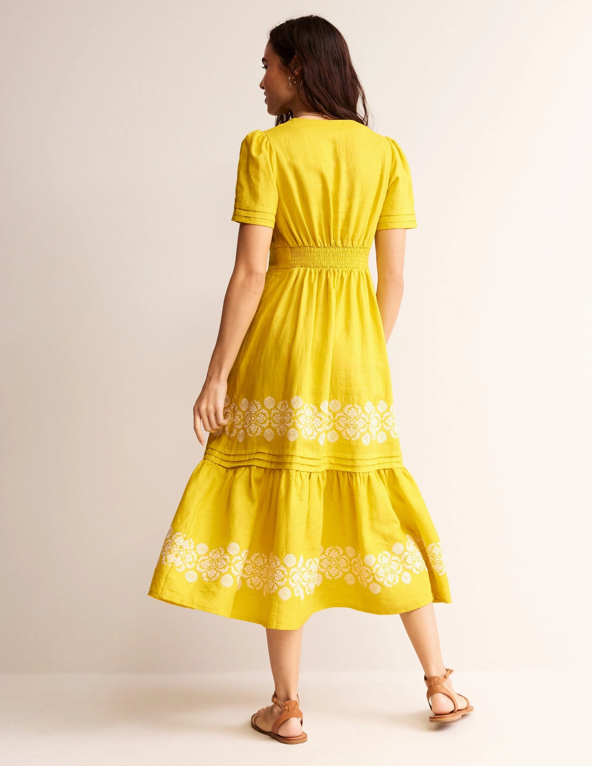 Eve Linen Midi Dress-Passion Fruit Embroidered Effortless weekend dress Artistic Edge