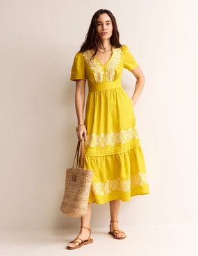 Pure Motion Eve Linen Midi Dress-Passion Fruit Embroidered