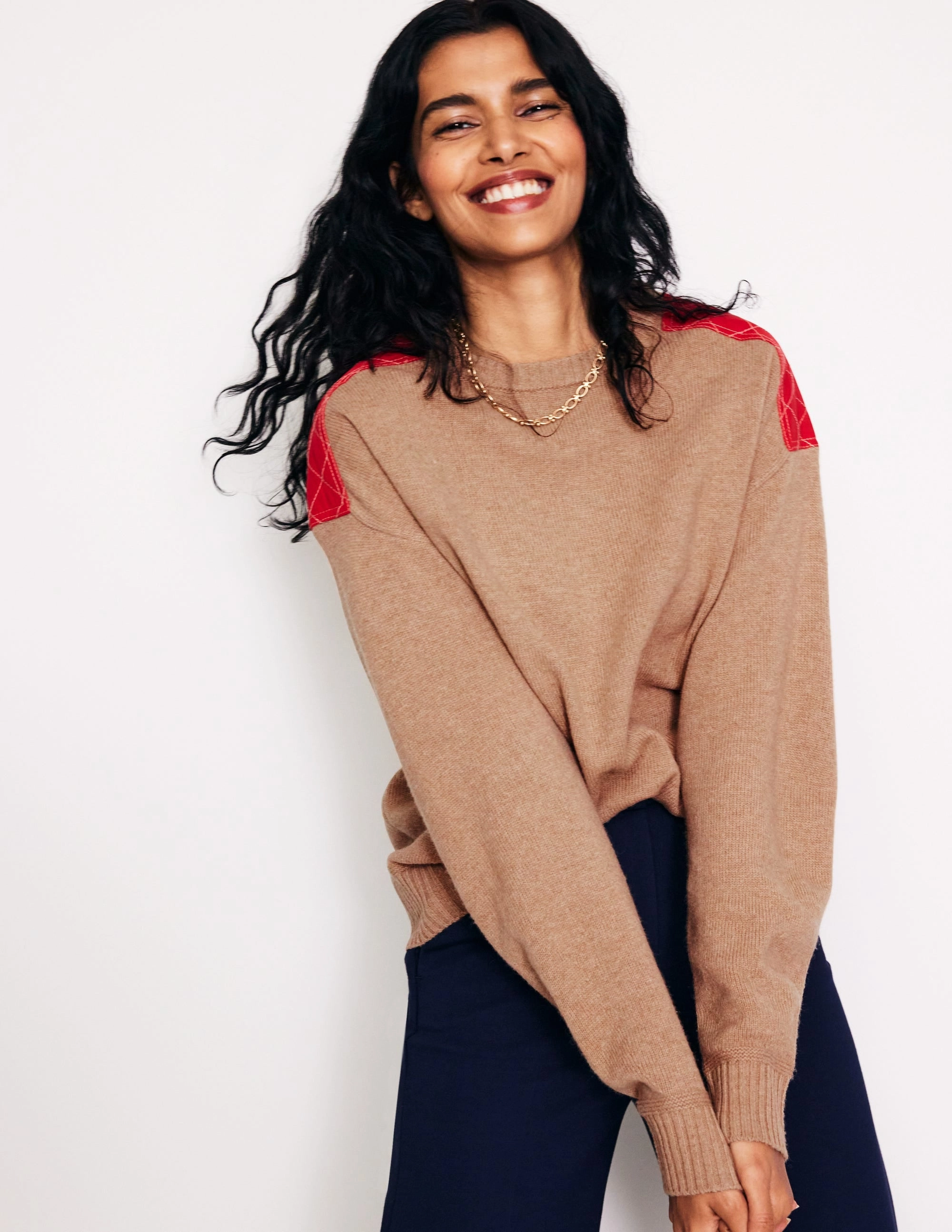 Quilted Patch Jumper-Camel Melange Microfiber softness