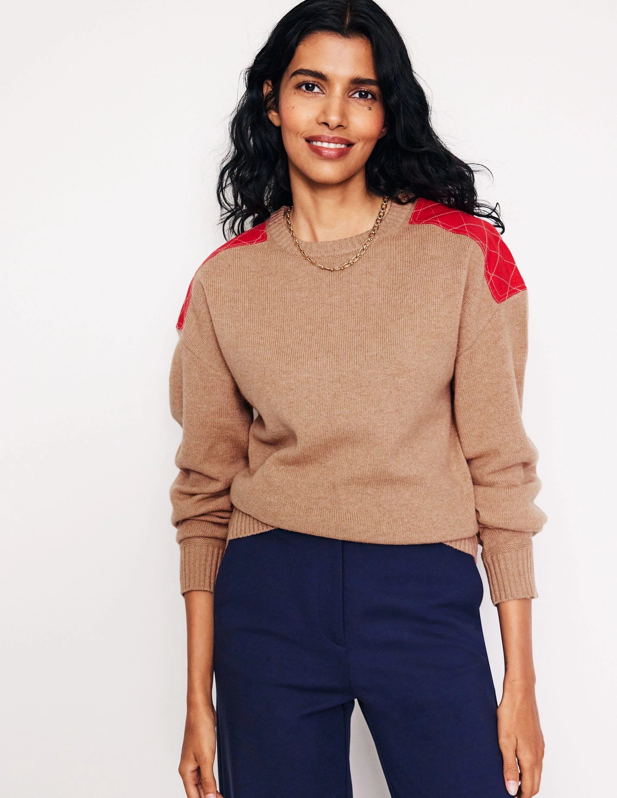 High Elasticity Fiber muted tone Quilted Patch Jumper-Camel Melange