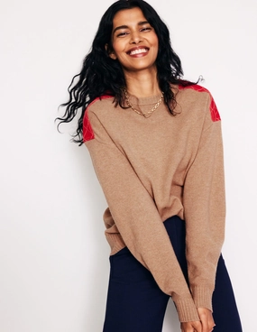 Quilted Patch Jumper-Camel Melange Microfiber softness