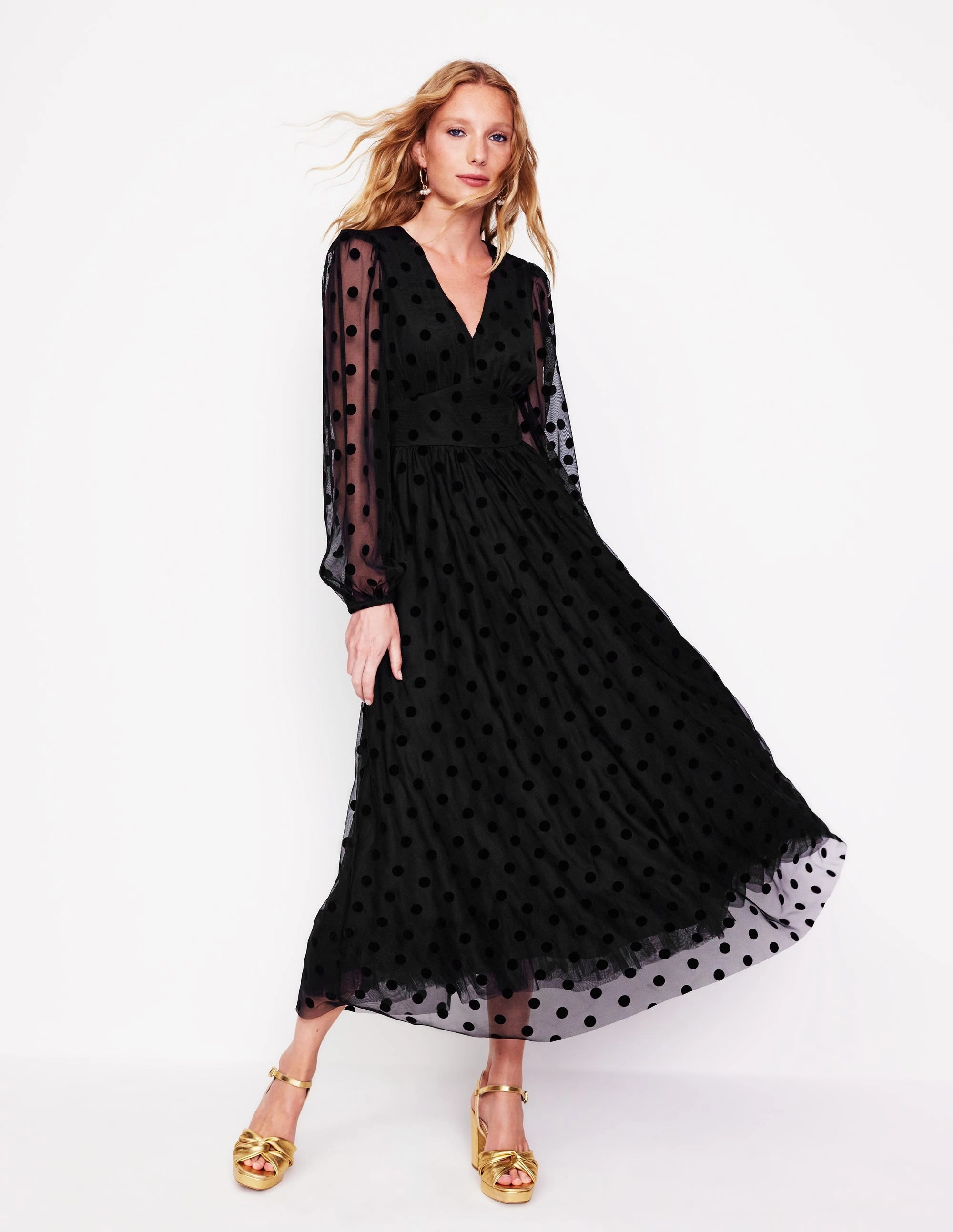 Christina Tulle Midi Dress-Black, Spots Romantic Bloom