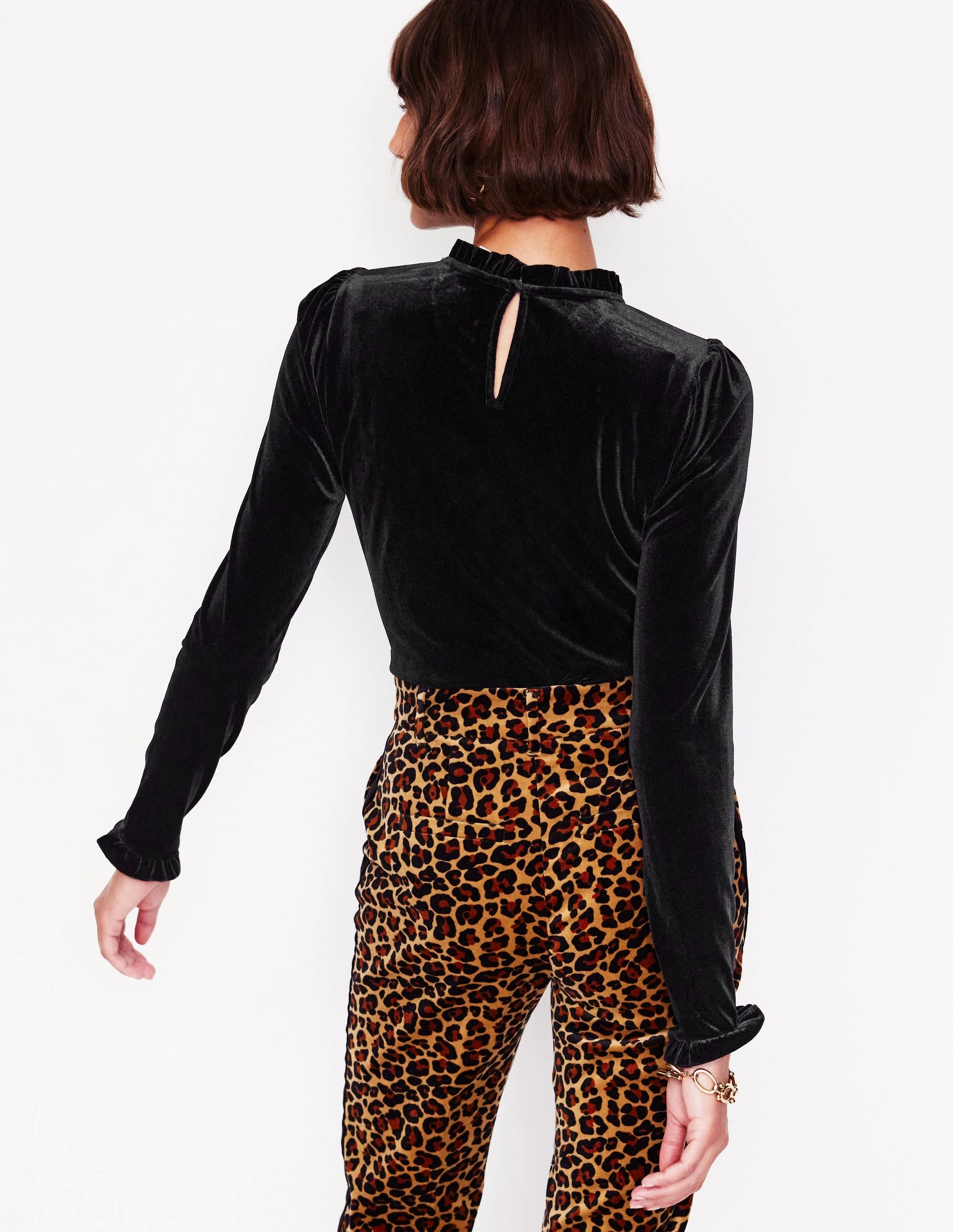 Velvet Frill Neck Top-Black Double Stitched Seams Soft and durable