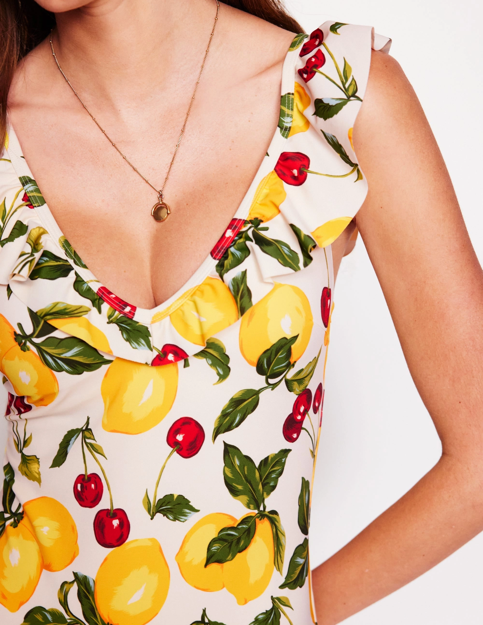 Evia Ruffle Swimsuit-Ivory, Cherries and Lemons Striped-Pattern