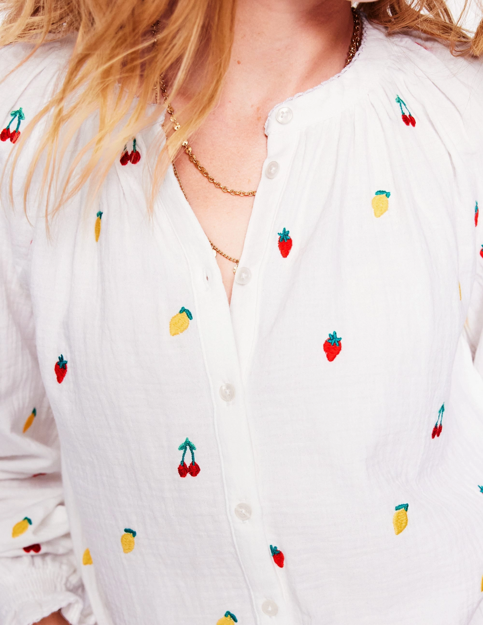 Evie Double Cloth Top-White, Embroidered Fruit slim fit Sleeveless freedom