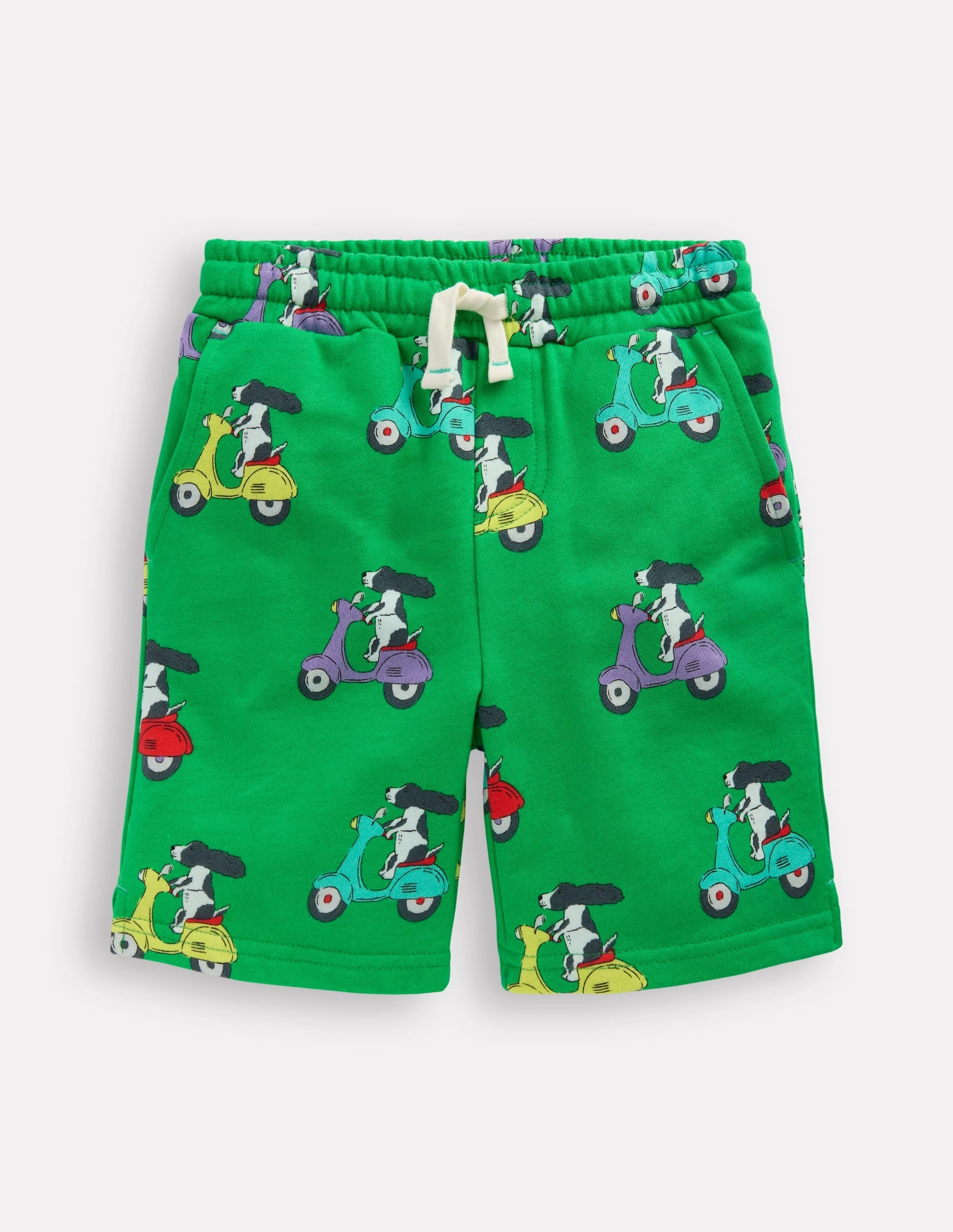 Printed Shorts-Sapling Green Puppy Scooter Summer Fun