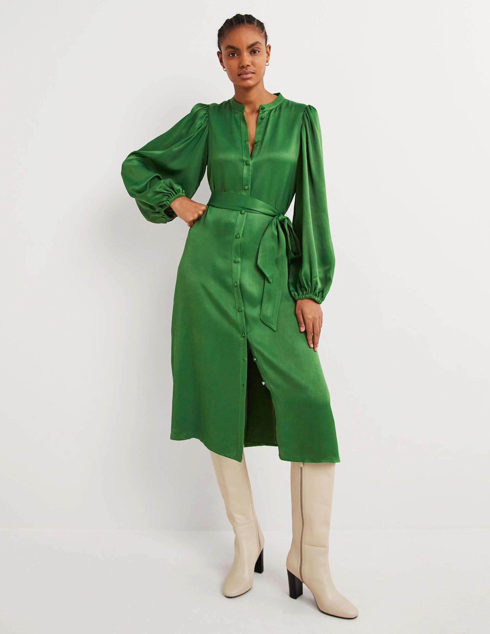 Satin Midi Shirt Dress-Hunter Green Easy Movement Vibrant color
