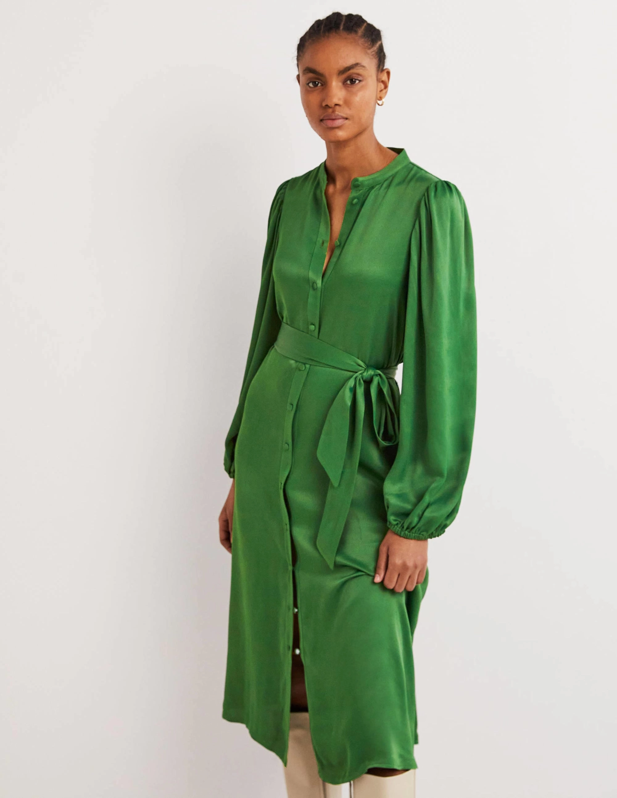 Satin Midi Shirt Dress-Hunter Green Elegant Tailoring Day Ready Look