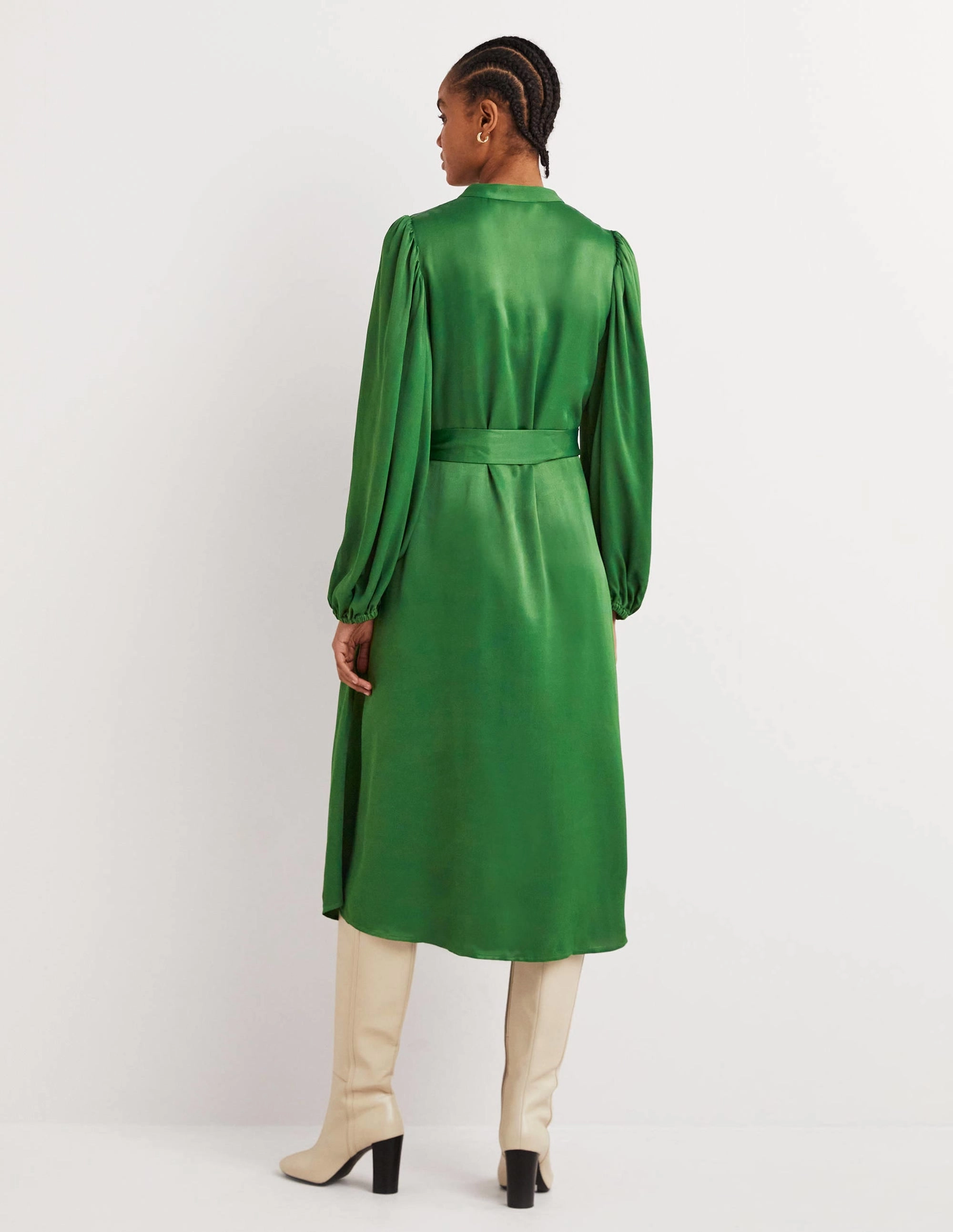 Satin Midi Shirt Dress-Hunter Green Dance Night