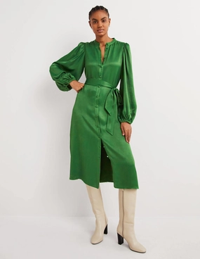 Satin Midi Shirt Dress-Hunter Green Easy Movement Vibrant color