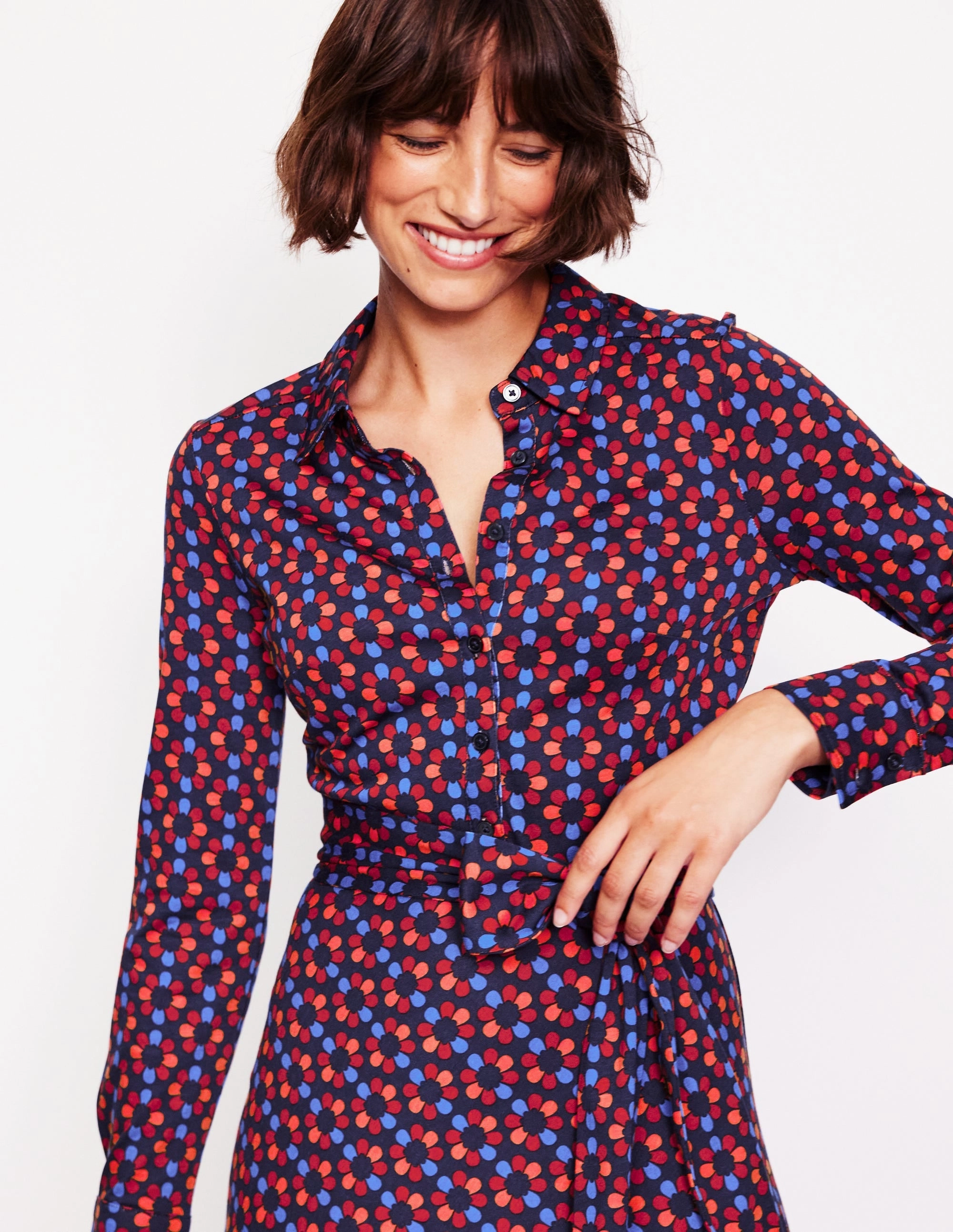 Laura Jersey Midi Shirt Dress-Bright Pink, Structured Petal Comfy Fit