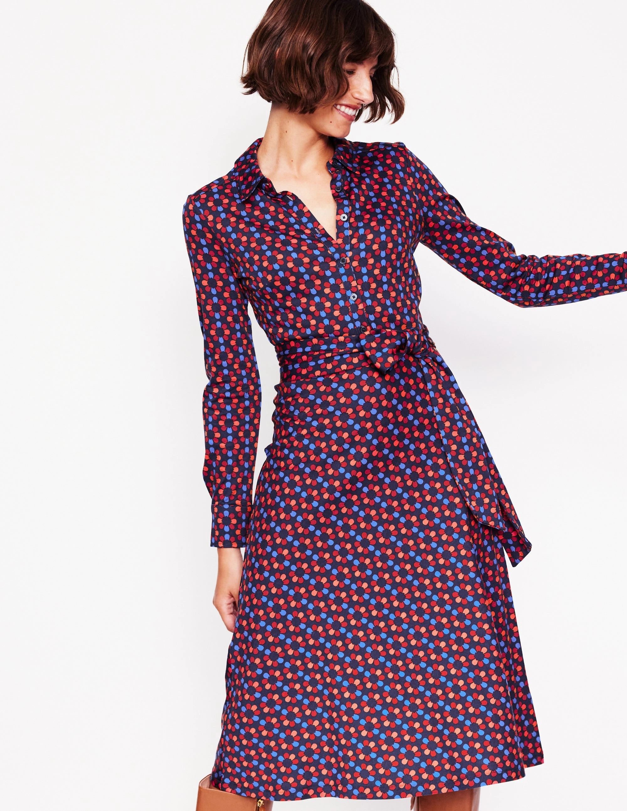 Chic Tailoring Waist Seasonal Essential Laura Jersey Midi Shirt Dress-Bright Pink, Structured Petal