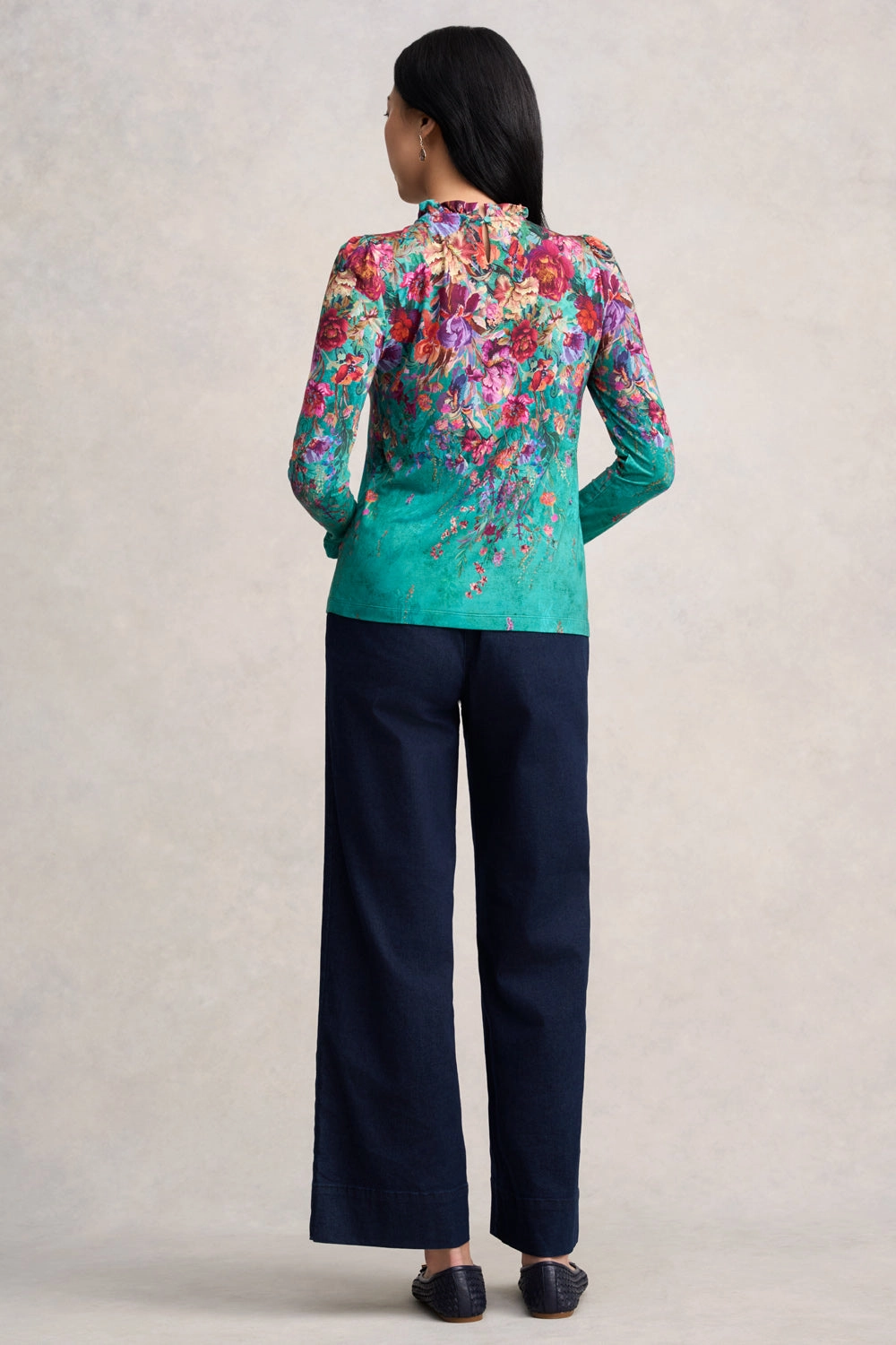 Soft Frill Detail Top - Jade Botanical Print MultiPocketDesign