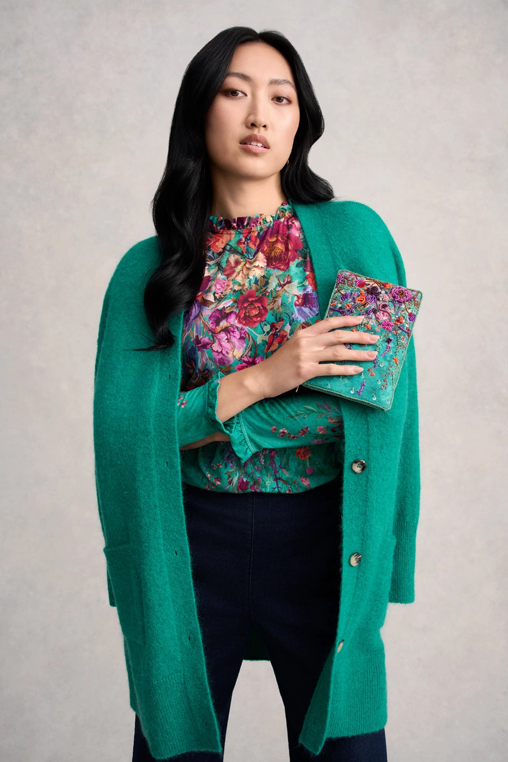 Lightweight insulation Flexible Ribbed Cuffs Soft Frill Detail Top - Jade Botanical Print