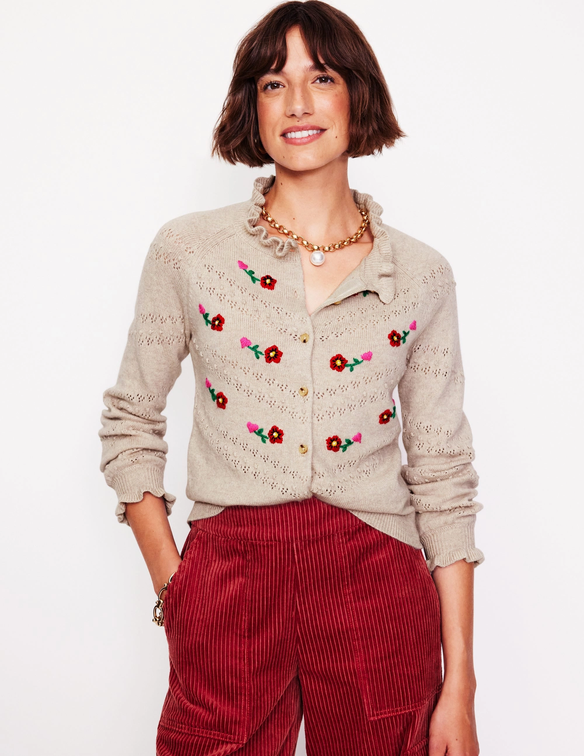 Essential Layer Basic Style Fae Embroidered Cardigan-Oatmeal Melange