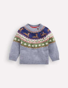 Fair isle Jumper-Blue Festive Reindeer Ribbed Detailing Easy Silhouette