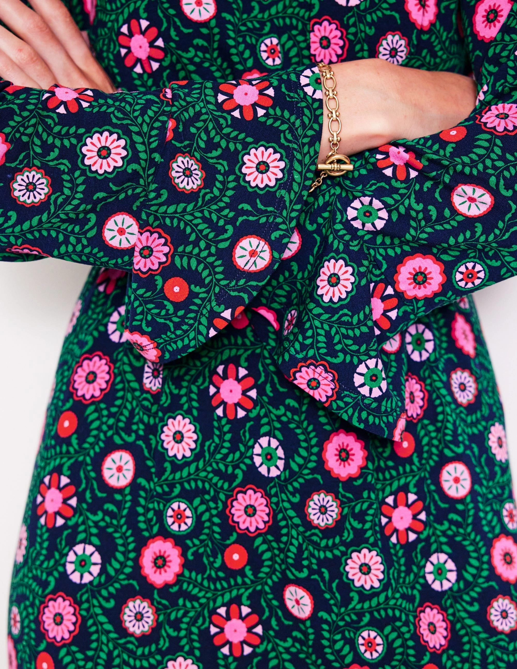 Soft Layers Bless Glow Flute Sleeve Jersey Dress-Navy, Meadow Vine